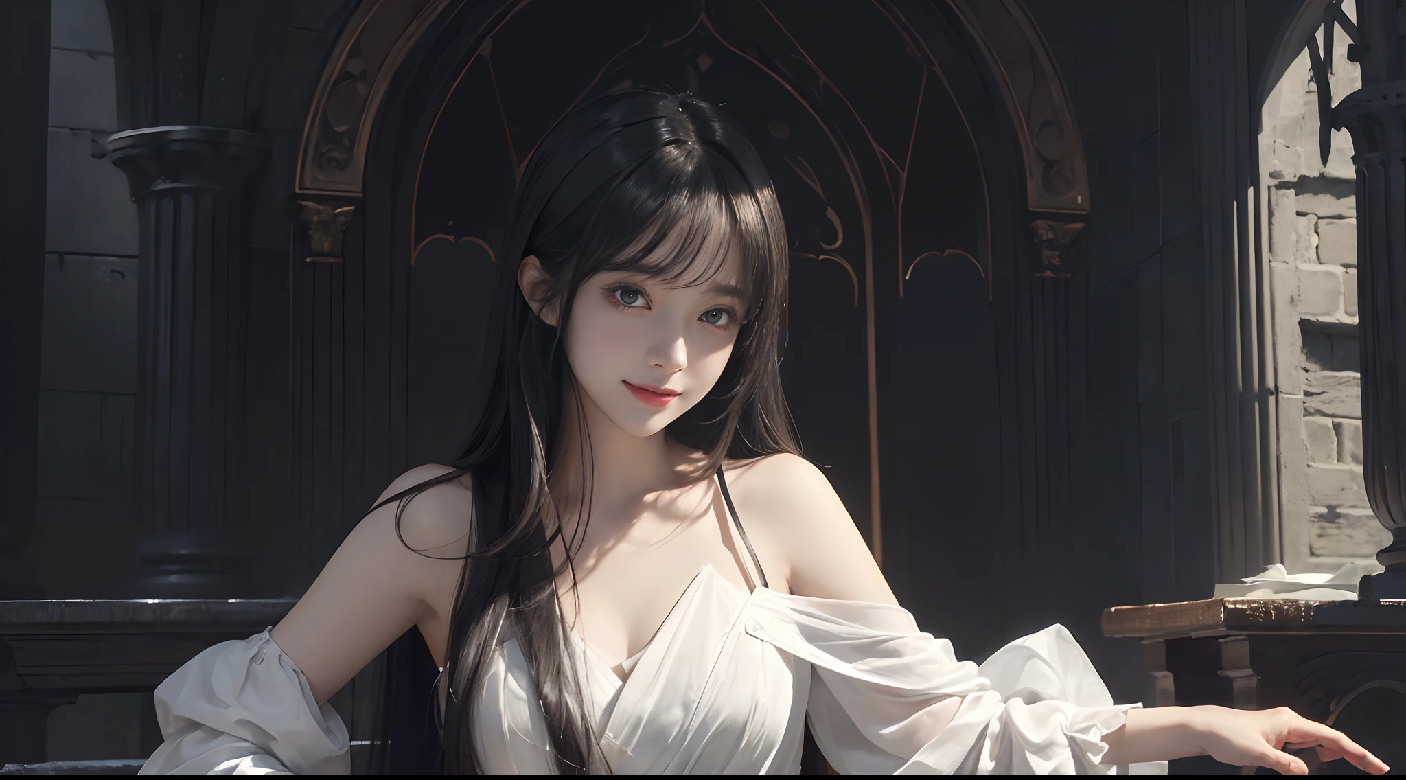 (ultra-realistic realism)、(illustratio)、(A high resolution)、(8K)、(The is very detailed)、(Best Illustration)、(Beautifully detailed eyes)、(top-quality)、(ultra - detailed)、(tmasterpiece)、(the wallpaper)、(A detailed face)、独奏、1 girl in、looking at viewert、finedetail、A detailed face、in the darkness nigth、deep shading、low tune、pureerosfaceace_V1、A smile、Long、Black shawl straight hair、46-point diagonal bangs, (White silk miniskirt)(cropped shoulders)The background color of the castle