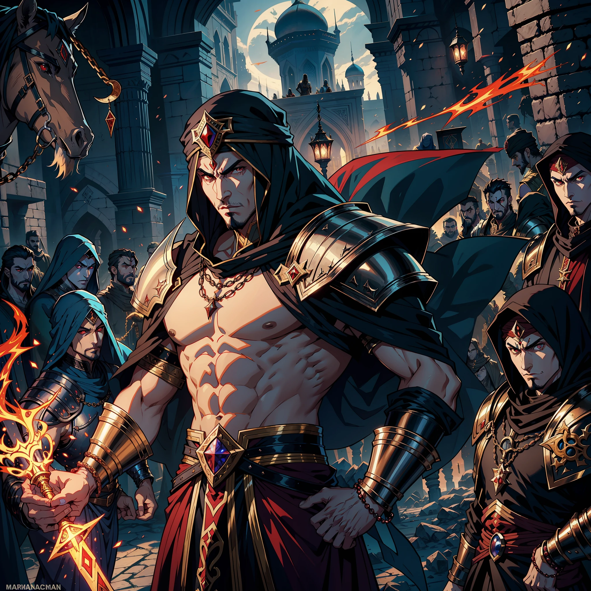 Marocain Arabe Seigneur Musculaire Corps Musculaire Effrayant Visage Dracula Guerrier Marocain Armure Porter Muscle, fearless, Scary handsome man at the head of an army e of djinns 10 demonic djinns around him moroccan war battle atmosphere islamic war morocco environment environment environment environment environment 3d view