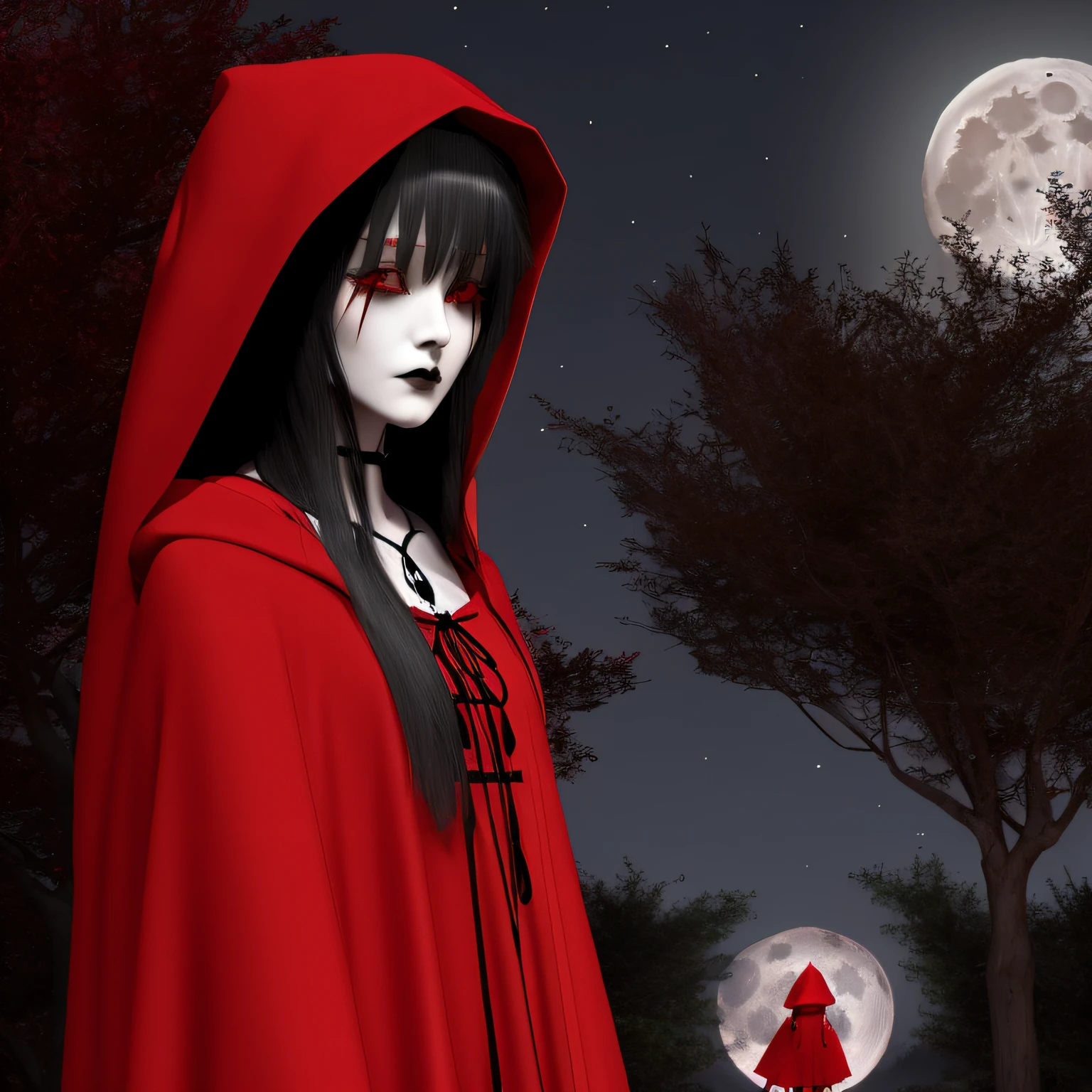 Little Red Riding Hood on a full moon night,Gaze at the moon,On the left is a dead tree,goth style,cartoony