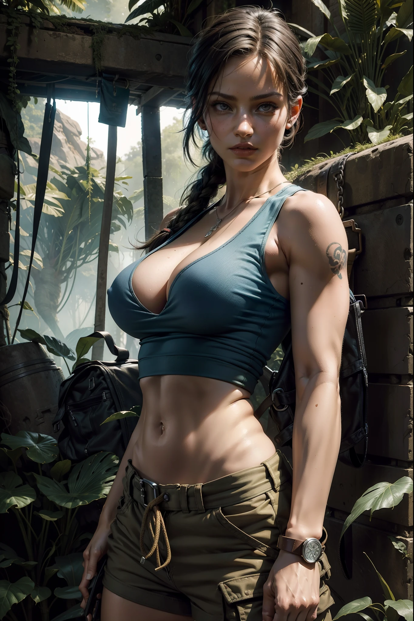 sexy Lara Croft Tomb Raider, side view, blue tank top, cargo shorts, outside, jungle background, shadows, athletic and fit body, naughty, slutty, perfect hands, detailed hands, perfect eyes, detailed eyes, flirty, sexy, naughty, large perky boobs, realistic, HDR, UHD, dynamic