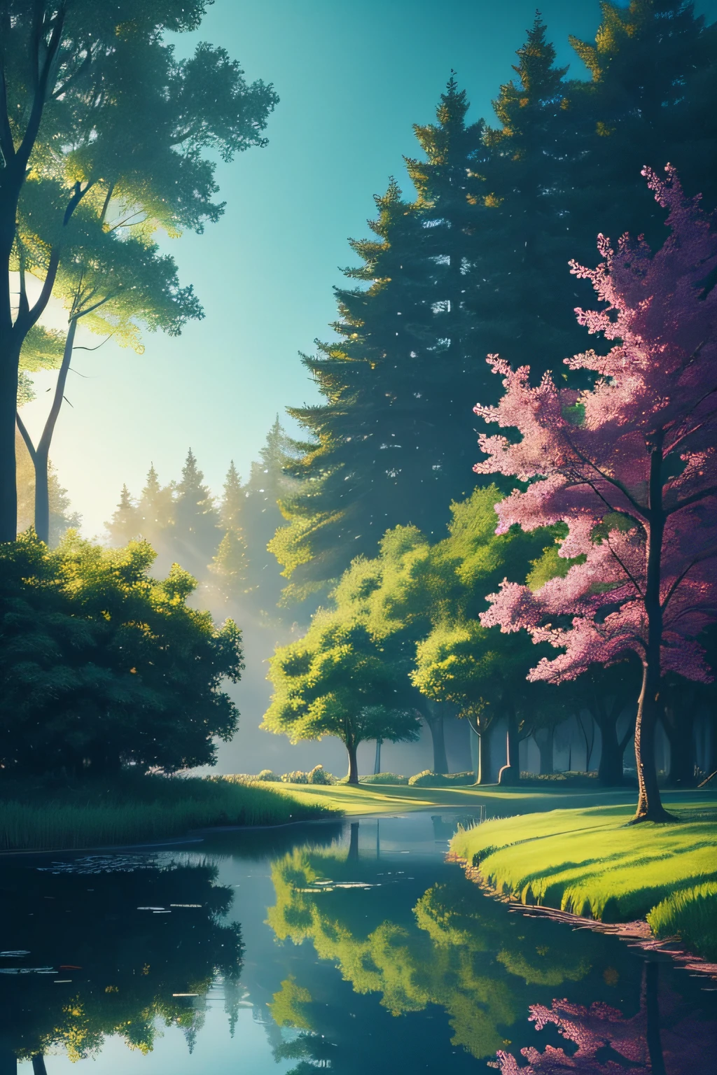 Develop an illustrative digital artwork that takes a more imaginative approach to depicting the shadows of trees in the pond. Experiment with colors and artistic interpretations to convey the magical and dreamlike quality of this scene, adding a touch of fantasy