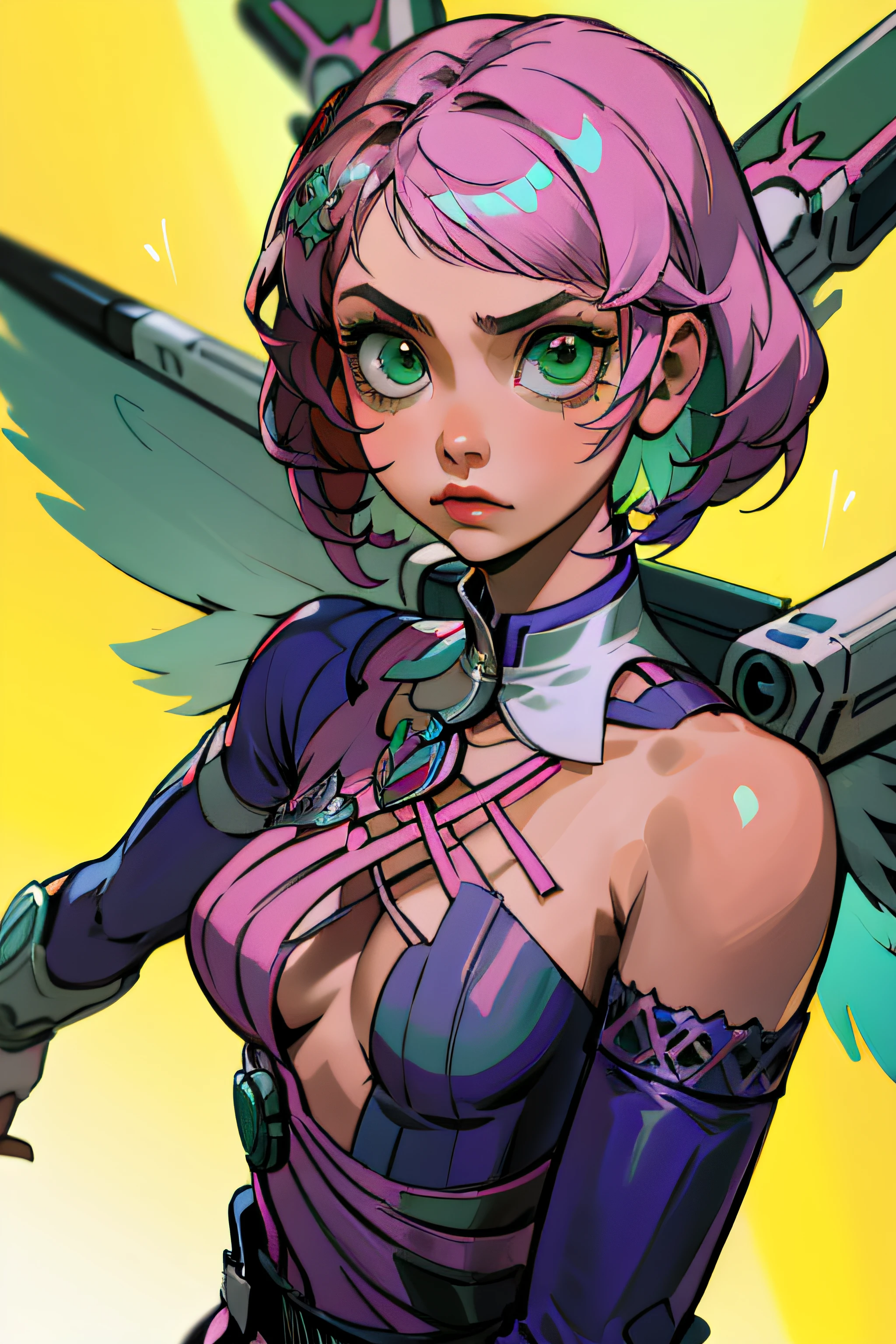Alisa Rosto bonito, Symmetrical perfect green eyes, cabelo curto rosa multicor, mechanical wings, Tekken
