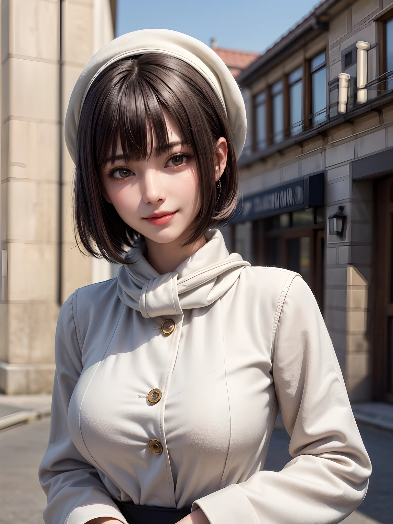 (masterpiece, top-quality),1girl in, 独奏, A dark-haired, scarf, Hats,, realisitic, looking at the viewers, black eyes of light color, shorth hair, coat, Winter clothes, White headscarf, s lips, lipgloss,bangss,, a closed mouth, The upper part of the body、big eye、Lashes、((Street))、((Shorthair with bangs、big eye、Put very strong highlights in your students、very Bigger breasts、gazing at viewer、Very beautiful beauty、Put your ears out、long neck、little smiling、Close your mouth and smile)))、