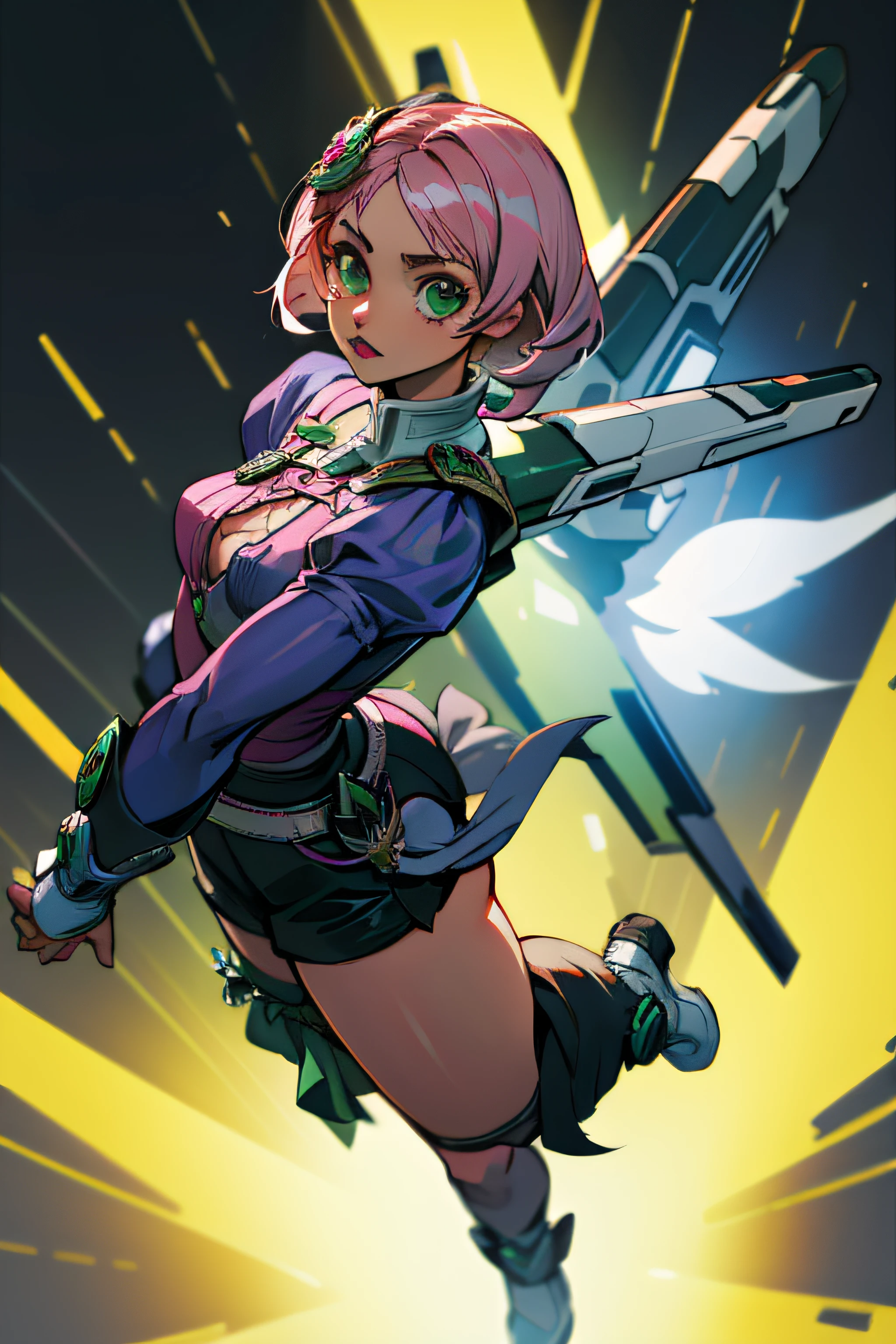 Alisa Rosto bonito, Symmetrical perfect green eyes, cabelo curto rosa multicor, mechanical wings, Tekken