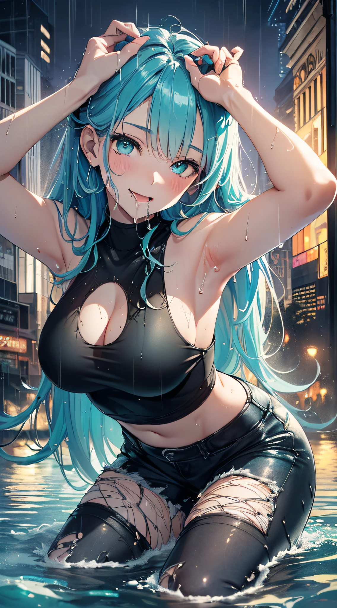 top-quality、Top image quality、​masterpiece、teens girl((,My whole body is full of wounds、Black tattered tank top,Tattered blue long pants、Best Bust、Bust 85、Light blue shiny hair、Longhaire,Blue-green eyes、open chest wide、Valley、Happiness、A slender、the whole body is wet、Falling to the floor、Kneeling、Leaning forward、closing eye、Laughing mouth、Spread your arms)）hiquality、Beautiful Art、Background with((night cityscape、Very heavy rain,Intense thunder、water world))、masutepiece、Elaborate design、visualart、Theatrical films