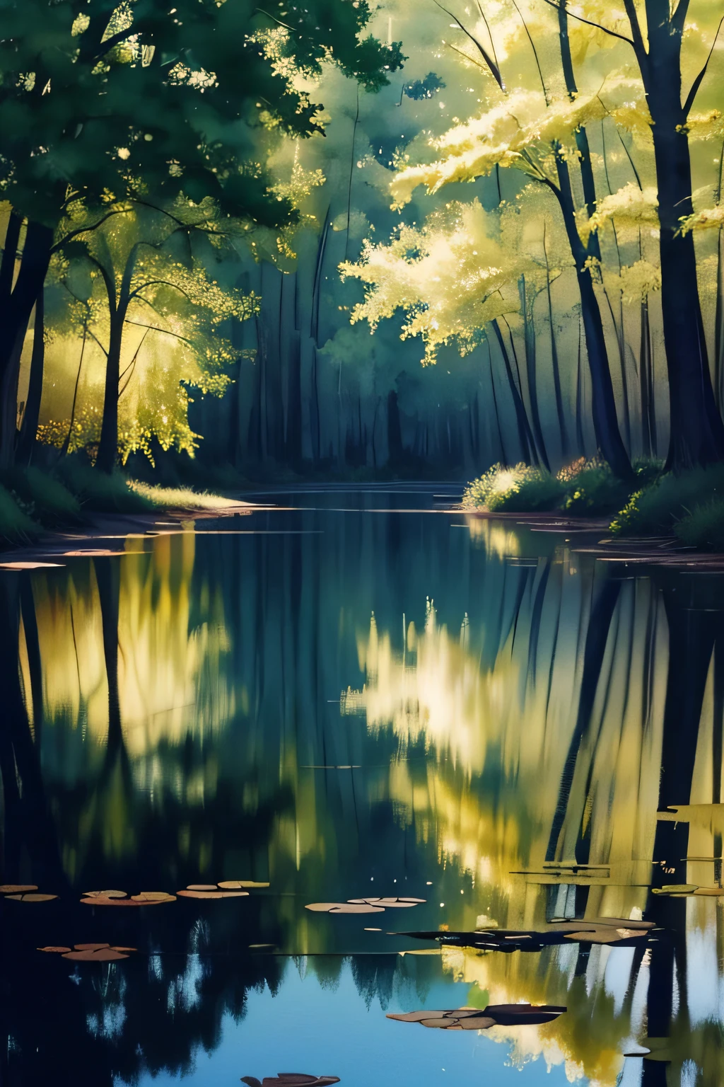 Produce a watercolor painting that captures the tranquil beauty of the shadows of trees reflected in a still, deep pond. Use soft and subtle brushwork to convey the play of light and shadow on the water's surface