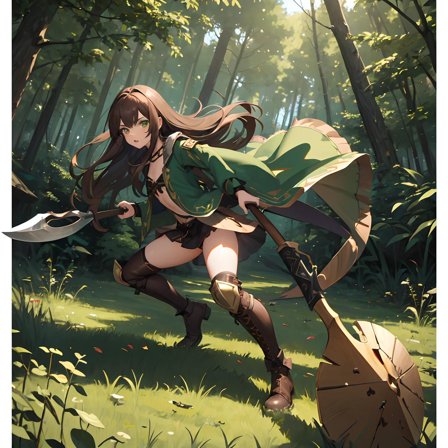 1girl, long brown hair, green eyes, wearing fantasy ripped forest bandit clothes, attack stance, holding an axe, body shot, absurdres, high res, ultrasharp, 8K, masterpiece, looking at viewer, full body, boots, no background, transparent background, game asset, sprite