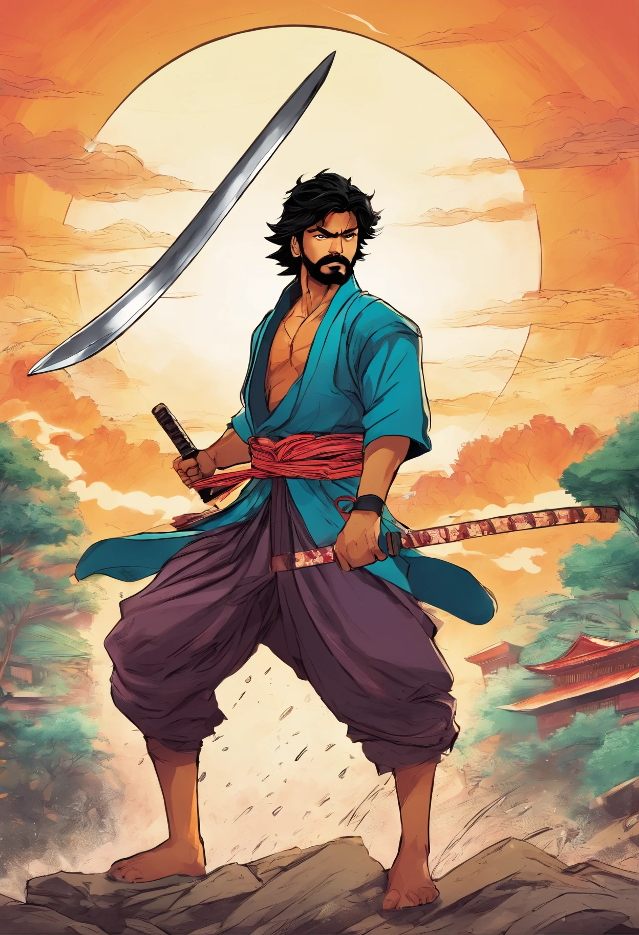 Actor Thalapathy Vijay as a samurai holding a katana in hand having beard and standing near a blasting and rainy Japanese background looking fiercely and rage in the eyes