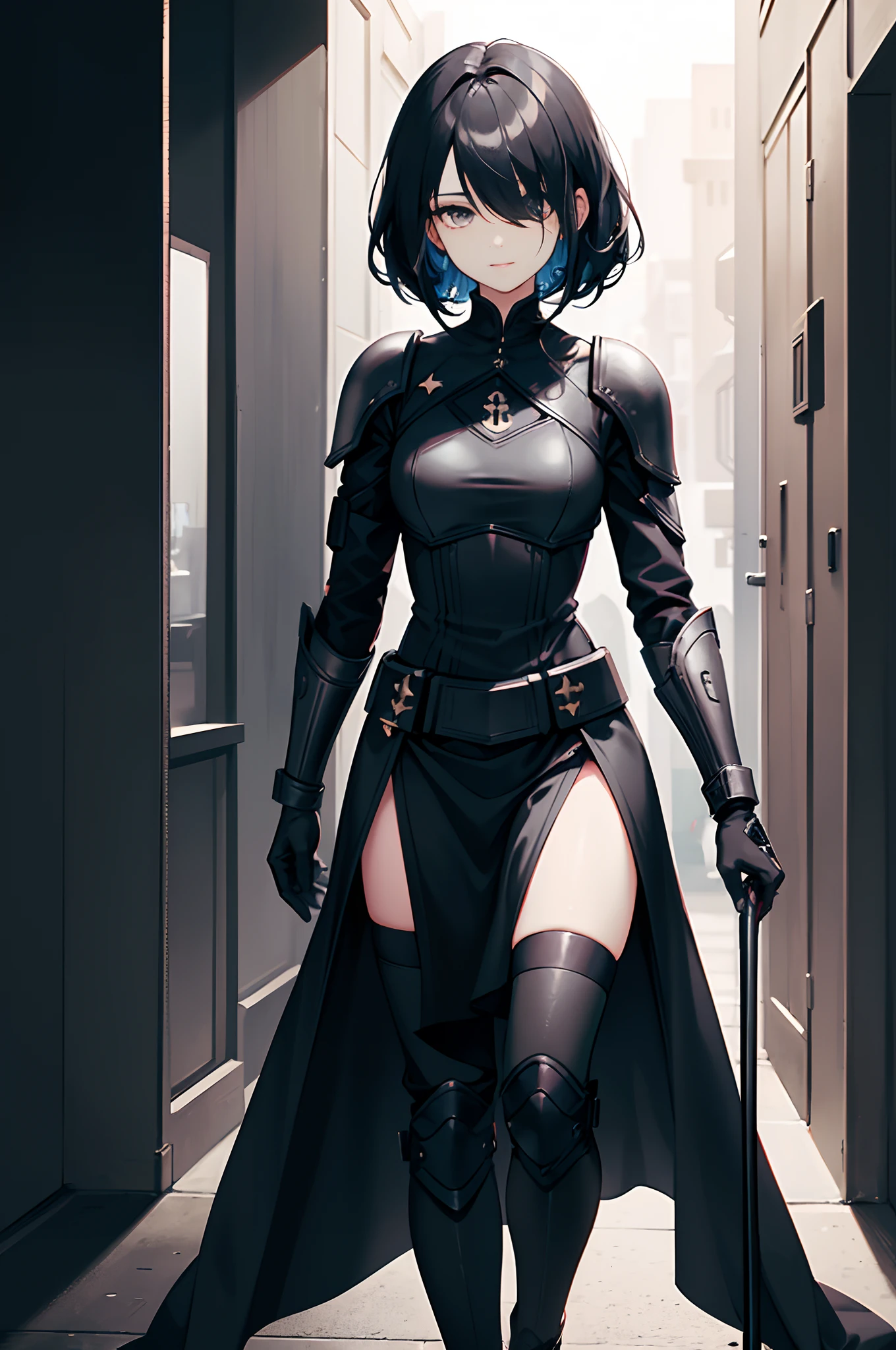 1girl, (black, hair over one eye, hush cut hair:1.2), (slender: 1.15), hourglass body, ((grey eyes)), freckles, wearing black armor, light armor and a black waist cape, gentle smile, Elegant, confident, walking down a corridor, badass, 18 years old, Star Wars, Sith, Sith Warrior, Noble warrior, noble girl, UHD, Masterpiece, High Quality, High Detail, Top Quality, Hi-Res, HD, 16k, 8k, 4K