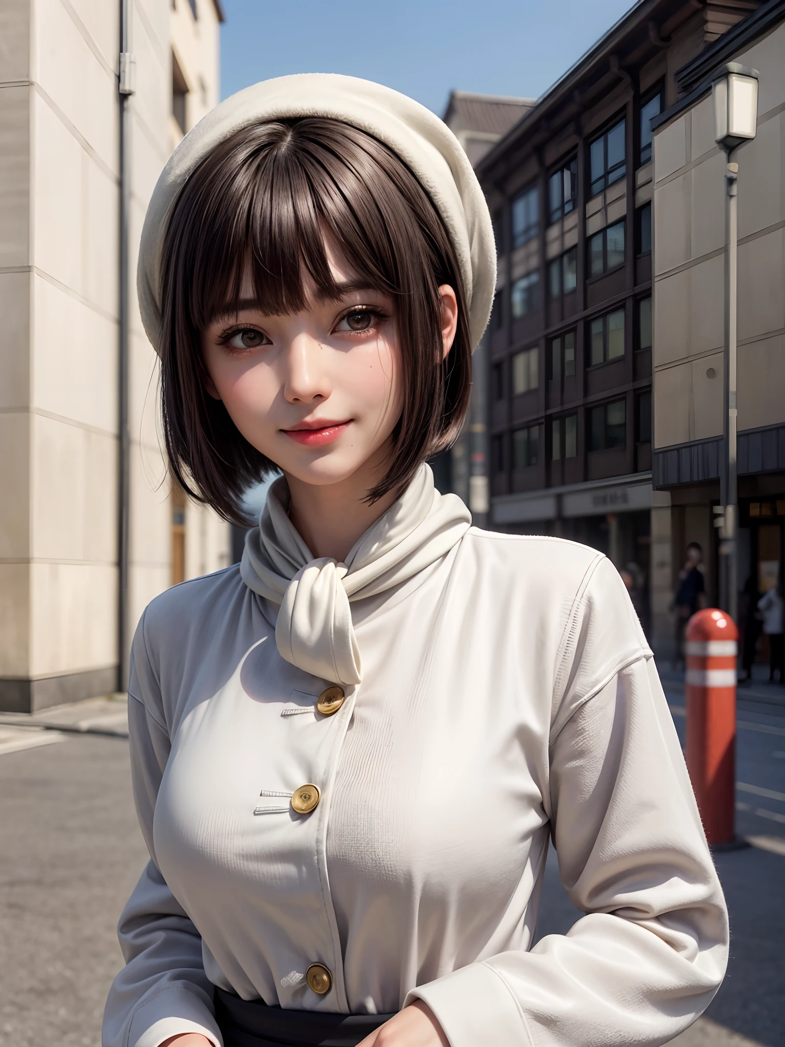 (masterpiece, top-quality),1girl in, 独奏, A dark-haired, scarf, Hats,, realisitic, looking at the viewers, black eyes of light color, shorth hair, coat, Winter clothes, White headscarf, s lips, lipgloss,bangss,, a closed mouth, The upper part of the body、big eye、Lashes、((Street))、((Shorthair with bangs、big eye、Put very strong highlights in your students、very Bigger breasts、gazing at viewer、Very beautiful beauty、Put your ears out、long neck、little smiling、Close your mouth and smile)))、