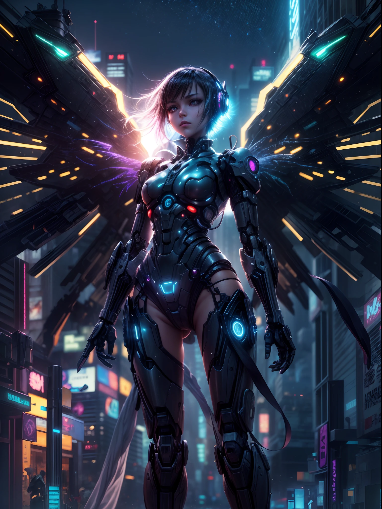anime, sci - fiction, sci - fantasy, silhouette, back lit, ethereal wings, night time shot, beautiful cyborg angel girl, futuristic robot angel, mechanized valkyrie girl, an image of a beautiful cyborg, cyberpunk anime girl mech, beutiful girl cyborg, glowing lens flare wraith girl, digital cyberpunk anime art, facing camera, Night time setting,
