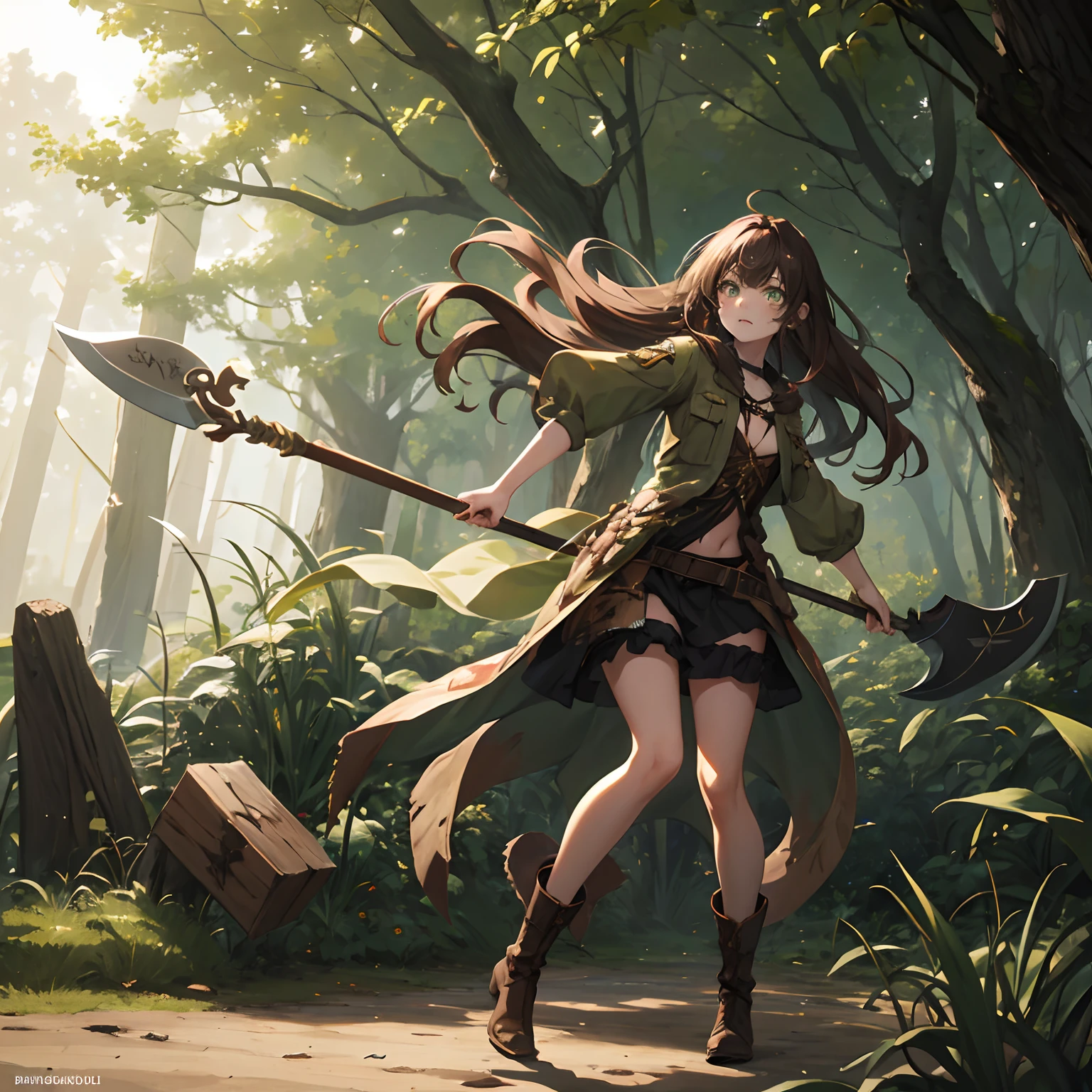 1girl, long brown hair, green eyes, wearing fantasy ripped forest bandit clothes, attack stance, holding an axe, body shot, absurdres, high res, ultrasharp, 8K, masterpiece, looking at viewer, full body, boots, transparent background, standing