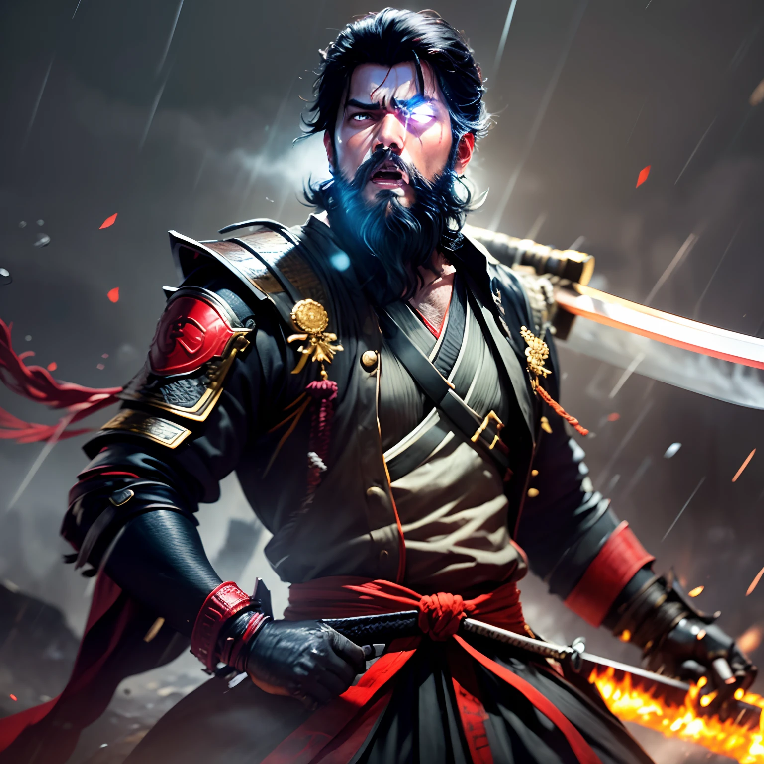 Actor Thalapathy Vijay as a samurai holding a katana in hand having beard and standing near a blasting and rainy Japanese background looking fiercely and rage in the eyes