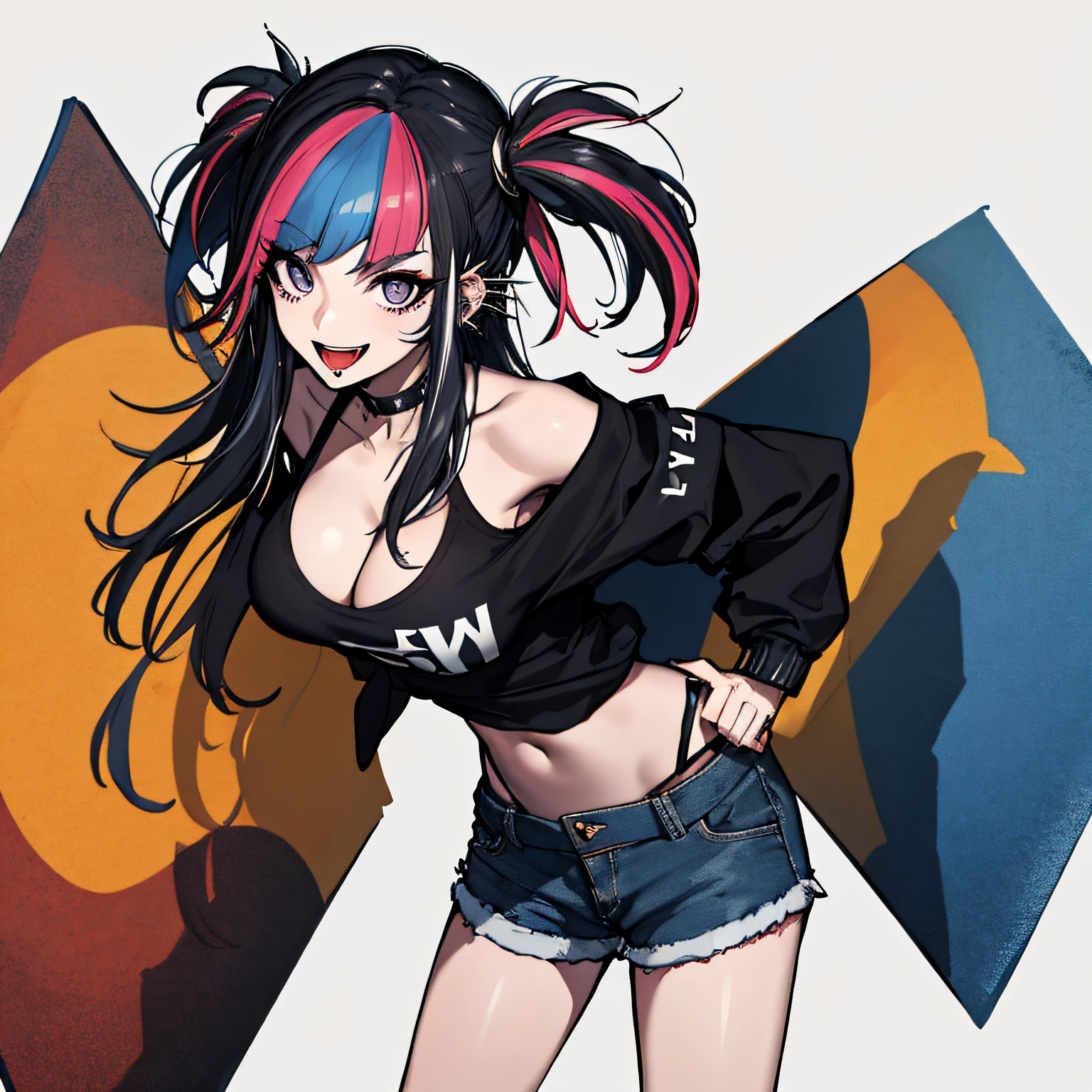 (absurdres, 8k, 4k, masterpiece, hyper extreme detailed:1.2), solo, 1girl, front view, perfect face, 1girl, portrait, expressive eyes, solo, standing, Female, perfect hands, pale skin, friendly, excited, punk rock, Long Hair, Multicolored Hair, black choker, black lipstick, Piercings, Ear Piercings, Nose Piercings, large Bust, smile, half body, perfect anatomy, hands in pockets, anatomically correct, cowboy shot, no background, empty background, covered chest, white background, exposed shoulder, graphic t-shirt, white shirt, jacket tied to waist, jean shorts, boots, cleavage,
