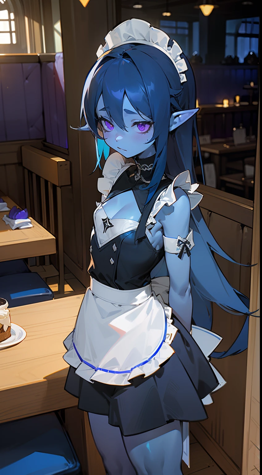 1girl,,solo,((blue skin)),shy face,(white and black maid outfit),medium tits,pointy ears,dark blue hair,long hair,purple eyes,(((standing in a restaurant,sunlight))),