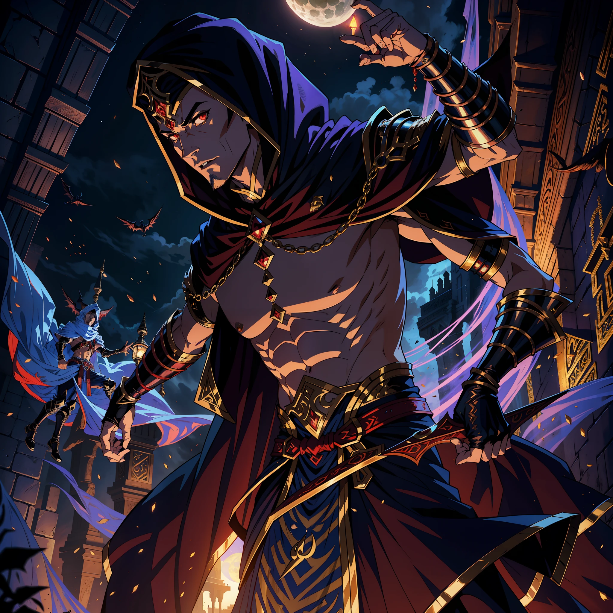 Moroccan Arab Handsome Muscular Lord Dracula Castlevania Lord of Shadows wearing super detailed hyper realistic Islamic armor Dynamic Shot Centerpiece Cutscenes Epic Legendary Moroccan Arab Lord Dracula with Islamic Turban and Armor Leading Troops Army of demons to fight sharp details Movie Scenes Epic Movie Epic Lord Correct Anatomy Hands Correct Poses Legendary Demons