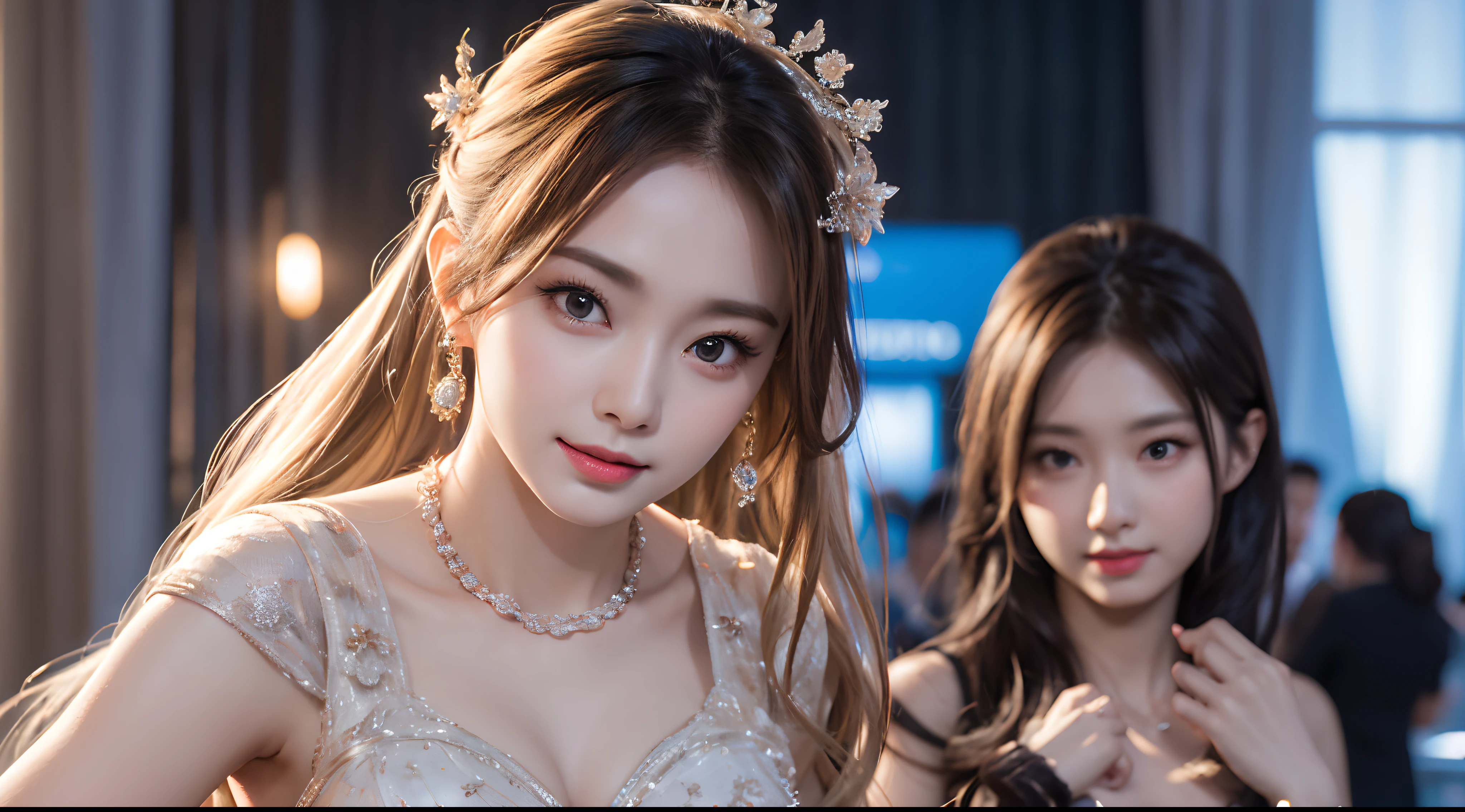 Realistic lighting, Top Quority, 8K resolution, (masterpiece: 1.3), (Clear focus: 1.2), 1 Asian girl, beautiful face, smooth white skin, big double eyelids, light makeup Sexy expressions, Perfect anatomy of the body, (perfect body: 1.6), (big chest 1.7), long black hair, (best breasts: 1.8), magia, sexy evening dress, sexy, exterior, (date: 1.1), 1080p, hyper HD, textured, super detailed, best quality, high detail, highest quality.