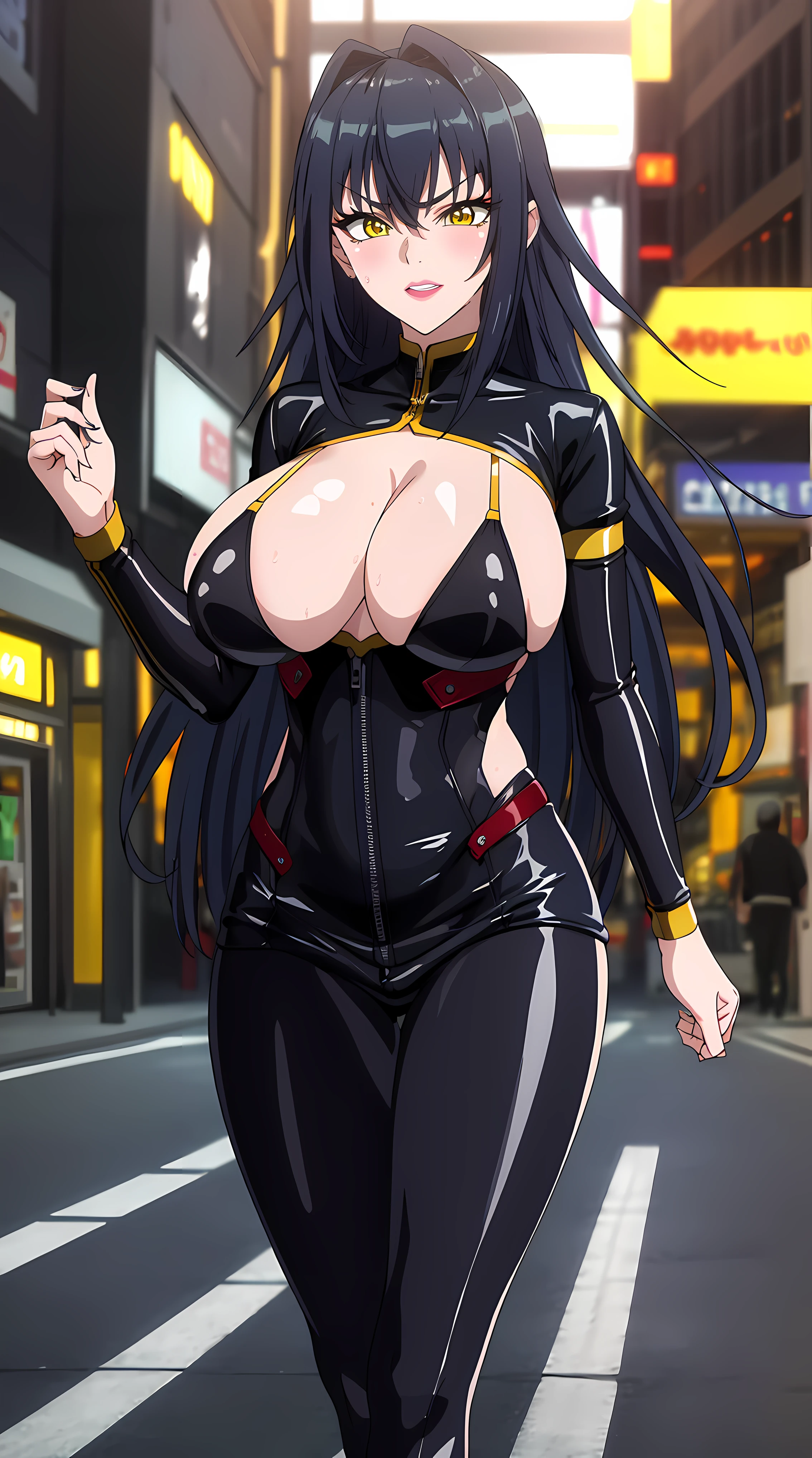 walking on road at midnight background, empty streets,
cowboy shot, Annerose,
black outfit, bodysuit latex,
black_hair,yellow_eyes, long_hair, hair intakes,
1 girl, 35yo,mature female,Beautiful Finger,Beautiful long legs,Beautiful body,Beautiful Nose,Beautiful character design, perfect eyes, perfect face,
looking at viewer, (big_yellow_eyes:1.0),(smug:1.3),
NSFW,official art,extremely detailed CG 8k wallpaper, perfect lighting,Colorful, Bright_Front_face_Lighting,
(masterpiece:1.0),(best_quality:1.0), ultra high res,4K,ultra-detailed,
photography, 8K, HDR, highres, absurdres:1.2, Kodak portra 400, film grain, blurry background, bokeh:1.2, lens flare, (vibrant_color:1.2)
(Beautiful,large_Breasts:1.4), (beautiful_face:1.5),(narrow_waist),