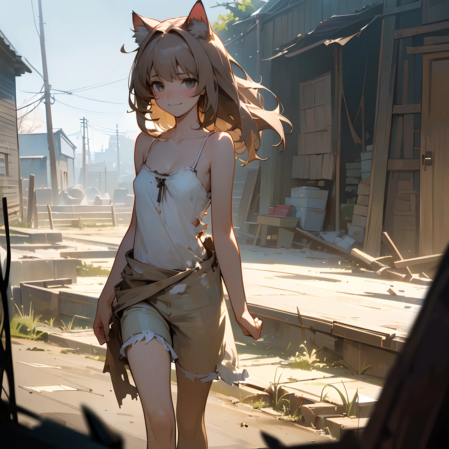 ((Masterpiece)), ((best quality)), (Anime:1.4), (super detail:1.2), (High Definition:1.3), (Professional Photography:1.3), (wide shot), (sharp focus), (perfect light), (()), 1girl, cinematic lighting, Textured skin, messy hair, (loose blunt bangs), teenage girlalking on the tip of beautiful pier), (slightly exposed small breast), (badly tattered and torn camisole), dirty oversized white camisole, (Healthy slim body), small breasts, cute eyes, (open mouth), slum townscape, Textured skin, cat ears, pale brown hair, Cute Beautiful girl,