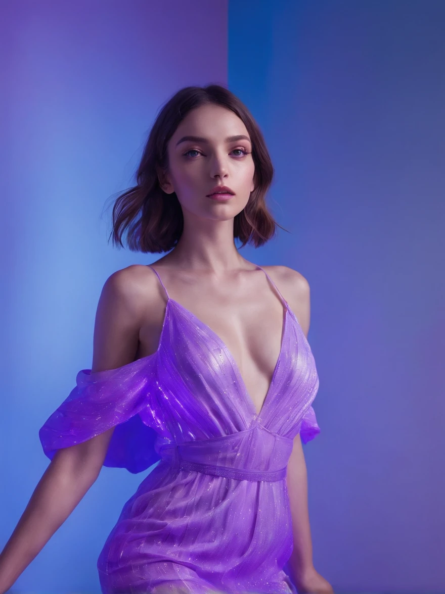 full body photographed from the front beautiful woman in airy fluorescent purple dress, in night party, motion, blue, neon, movement, photo realistic