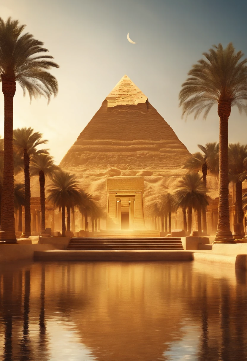 “A futuristic background of a golden glass pyramid with laser beams leads to a hyper-realistic Egyptian ancient city. The background hyper resolution is 4k and has an aspect ratio of 16:9. golden pyramid, masterpiece, anatomically correct, super details, high quality, best quality, 8k, 16k, high details, wonderful land of Egypt, in the light of the scarlet moon you can see temples in the desert, temple decorated with transparent golden fabrics with Anubis pattern. 3 palm trees sway slightly over a pool of water, 2 naked priestesses bathe in the pool.