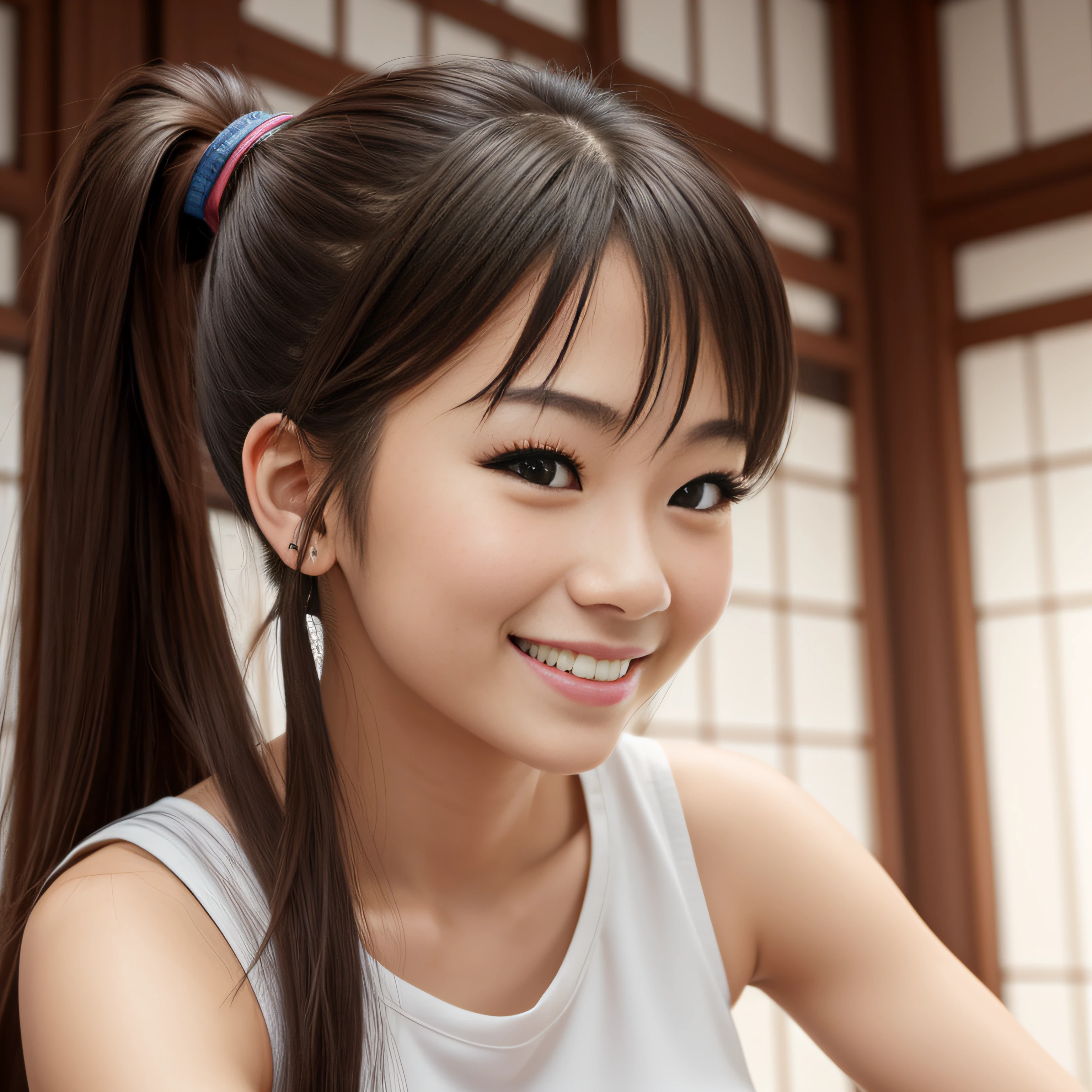 Sleeveless, Ponytail, Japan girls, 8K, Photo of the law, of the highest quality, masutepiece, Realistic, Photorealistic super detail, One girl, Cute, Best Smile, Beautiful eyes, Long hair, Perfect facial features, --auto