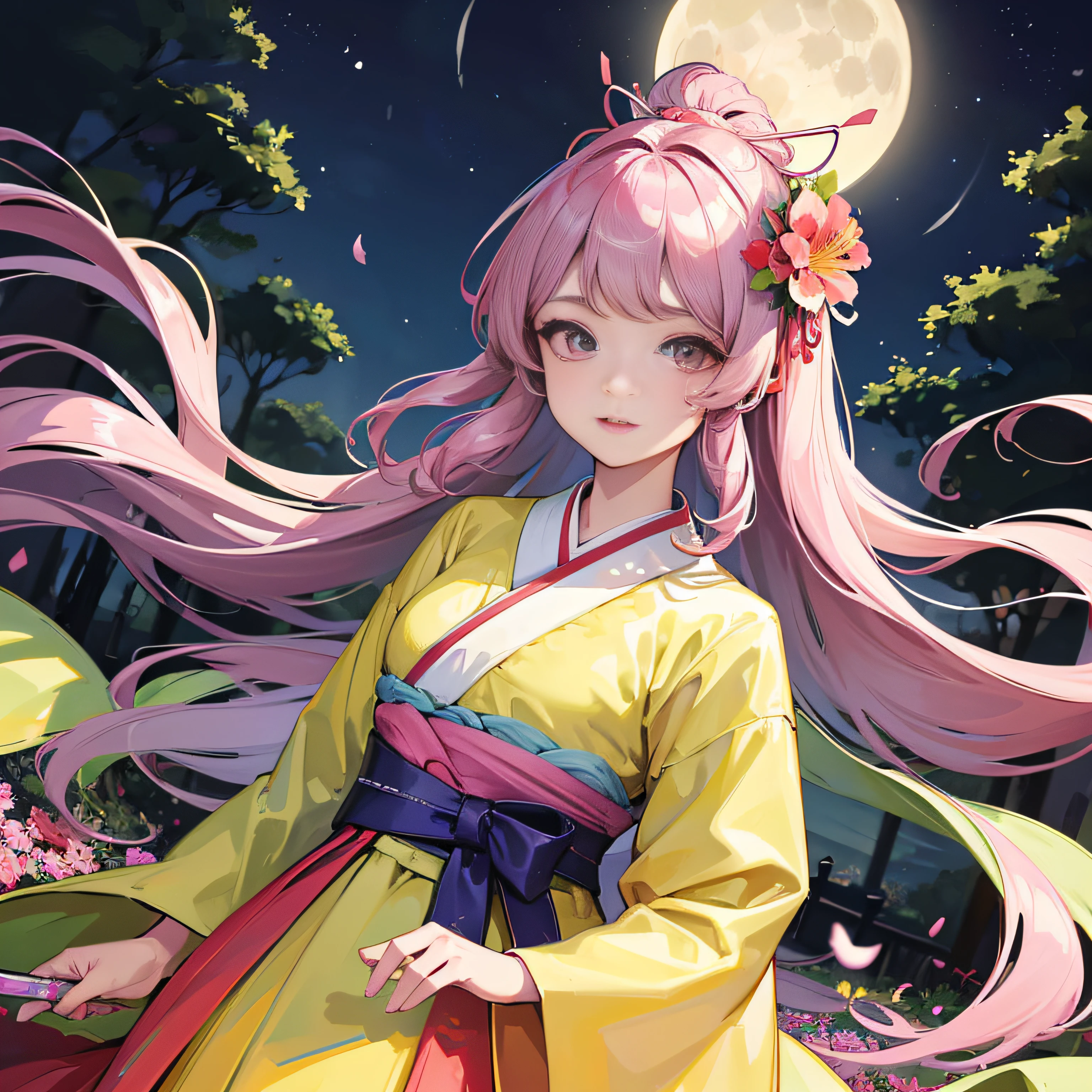 Best Quality, high_resolution, Distinct_image, Detailed background ,girl, hanbok,flower,garden,Moon, Night,Dutch Angle, Wide Shot, diadems, --auto