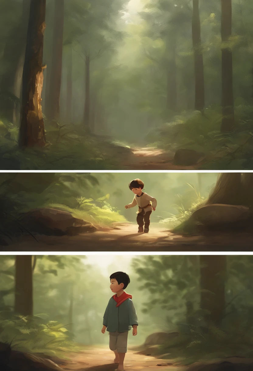 There's a young boy playing in the woods, adorable digital painting, exprimer sa joie. par Krenz Cushart, Art pour enfants dans ArtStation, Enfant heureux, Enjoy a walk in the forest, inspired by Goro Fujita, par Yeong-Hao Han, Jaeyeon Nam, inspired by Yeong-Hao Han, par Kim Eung-hwan