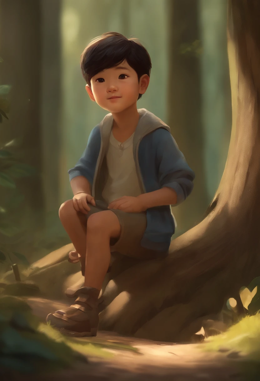 There's a young boy playing in the woods, adorable digital painting, exprimer sa joie. par Krenz Cushart, Art pour enfants dans ArtStation, Enfant heureux, Enjoy a walk in the forest, inspired by Goro Fujita, par Yeong-Hao Han, Jaeyeon Nam, inspired by Yeong-Hao Han, par Kim Eung-hwan