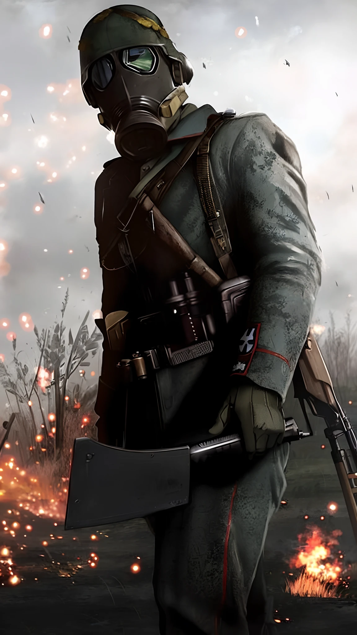 (anime), arafed soldier in gas mask with rifle and rifle in field, battlefield 1, game poster, game cover, key art, video game cover, battlefield background, battlefield backround, wwi, background battlefield, battlefield 5, battlefield, battlefield in background, battlefield scene, game promotional poster, standing on a battlefield, fight ww 1, ww 1, ww1