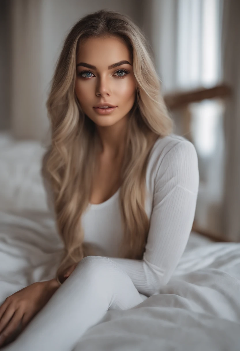 Arafed woman completely , fille sexy en legging aux yeux bleus, ultra realist, Meticulously detailed, Portrait Sophie Mudd, cheveux blonds et grands yeux, selfie of a young woman, Yeux de chambre, Violet Myers, sans maquillage, maquillage naturel, looking straight at camera, Visage avec Artgram, Maquillage subtil, Great photo of the whole body kneeling on the bed, dans la chambre, Medium to large bust
