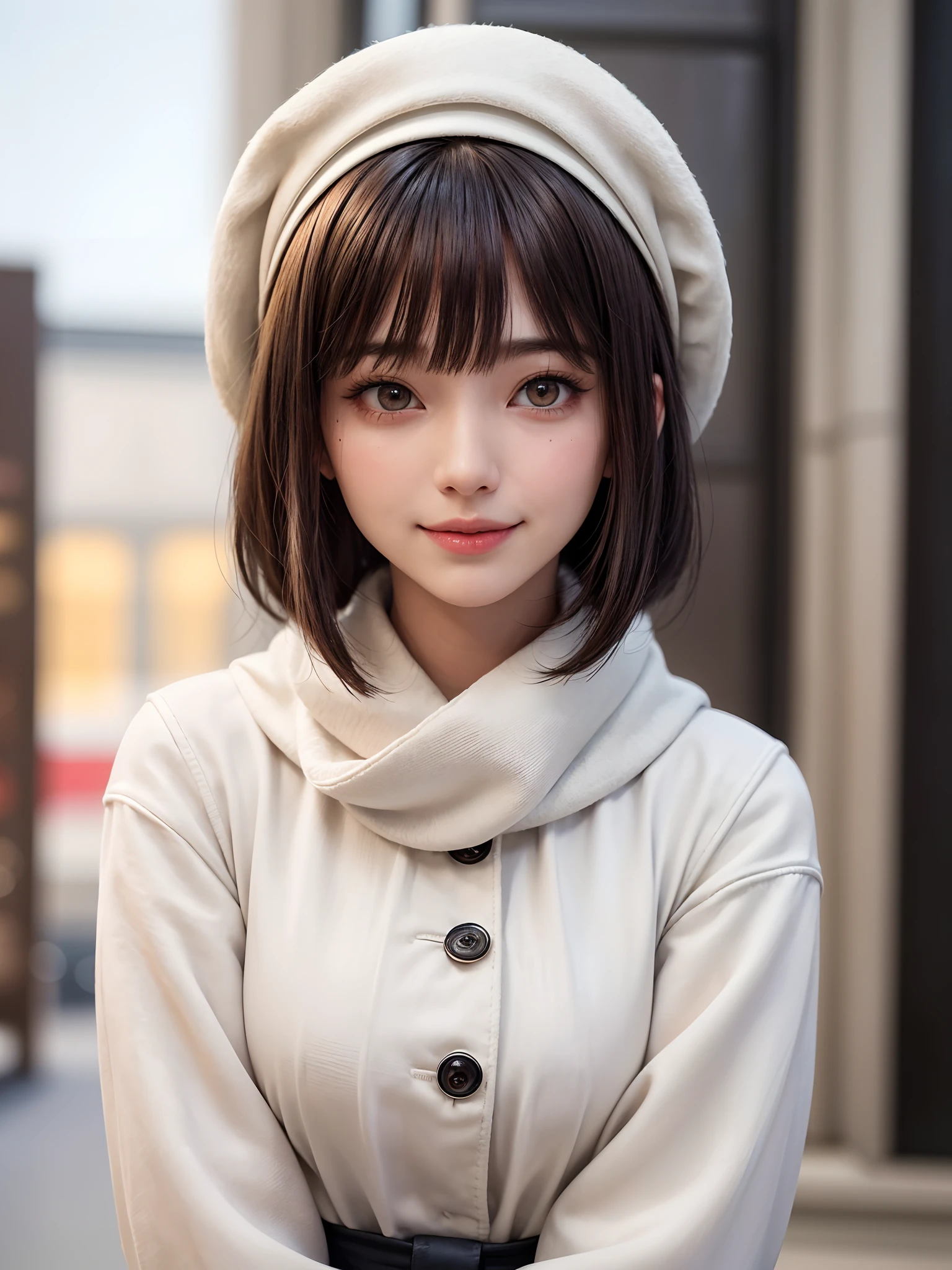 (​masterpiece, top-quality),1girl in, 独奏, A dark-haired, scarf, Hats,, realisitic, looking at the viewers, black eyes of light color, shorth hair, coat, Winter clothes, White headscarf, s lips, lipgloss，bangss,, a closed mouth, The upper part of the body、big eye、Lashes、((Street))、((Shorthair with bangs、big eye、Put very strong highlights in your students、very Bigger breasts、gazing at viewer、Very beautiful beauty、Very beautiful attractive adult woman、Put your ears out、long neck、little smiling、Close your mouth and smile)))、