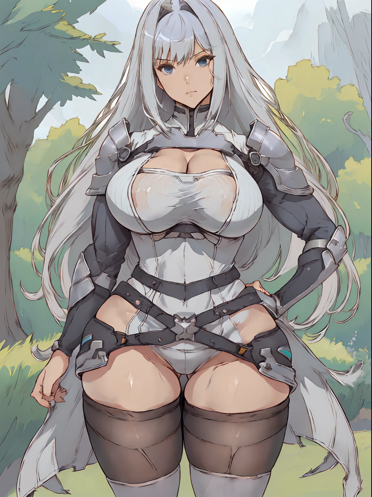 Ethel\(xenoblade\), xenoblade chronicles \(series\), (xenoblade chronicles 3), masterpiece, (((contrapposto, 1girl, solo, , silver thighhighs, thighhighs, wide hips, large breasts, thick thighs, large ass)))