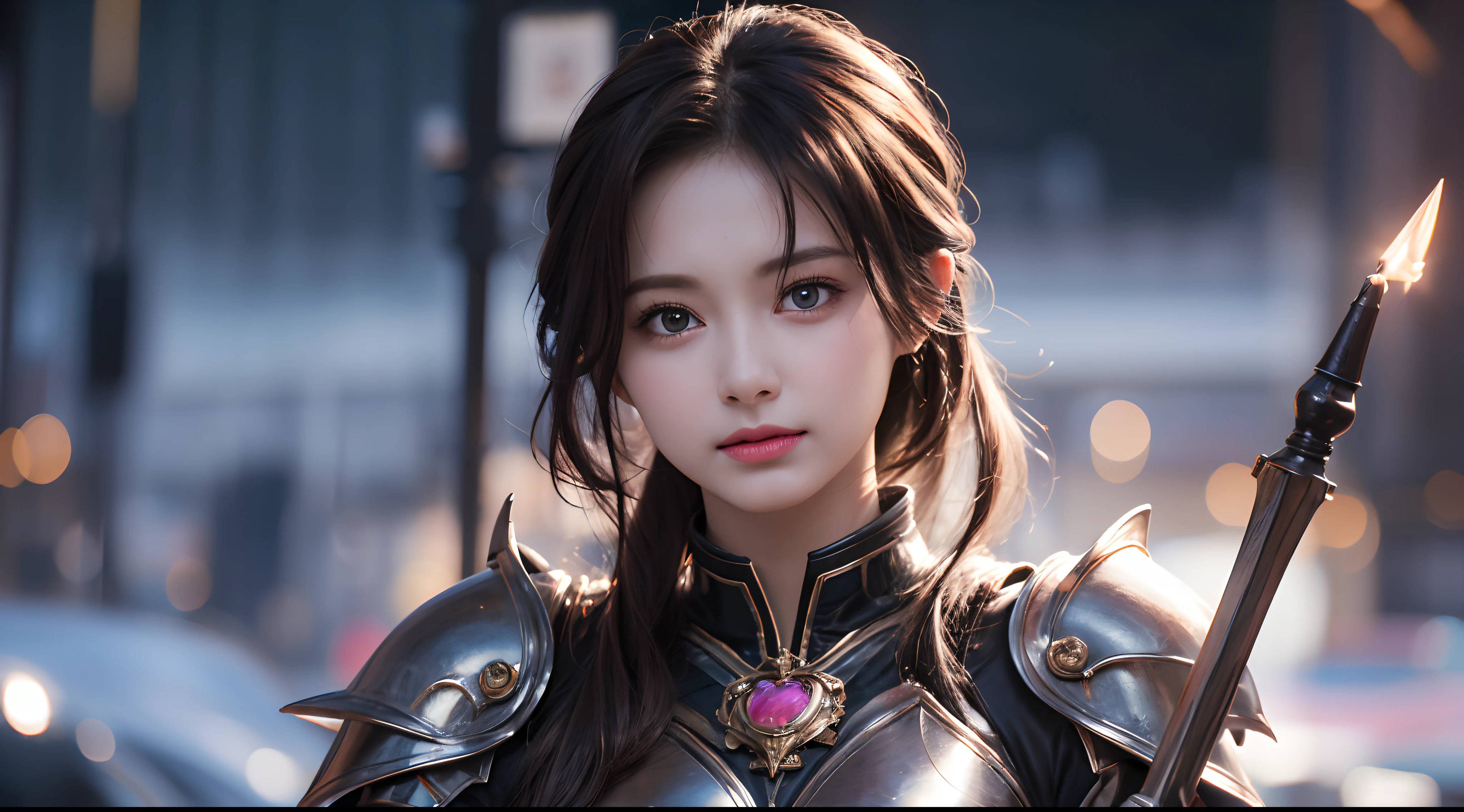 Realistic lighting, Top Quority, 8K Resolution, (masterpiece: 1.3), (Clear focus: 1.2),1 Girl, delicate face, big double eyelids, Sexy expression, Body perfect anatomy, (perfect body: 1.6), (large chest 1.7), long and dark brown hair, (best chest: 1.8), armor, long knife, magia, exterior, (night: 1.1 ),1080p, hyper HD, textureskin, super detailed, best quality, high detail, highest quality.