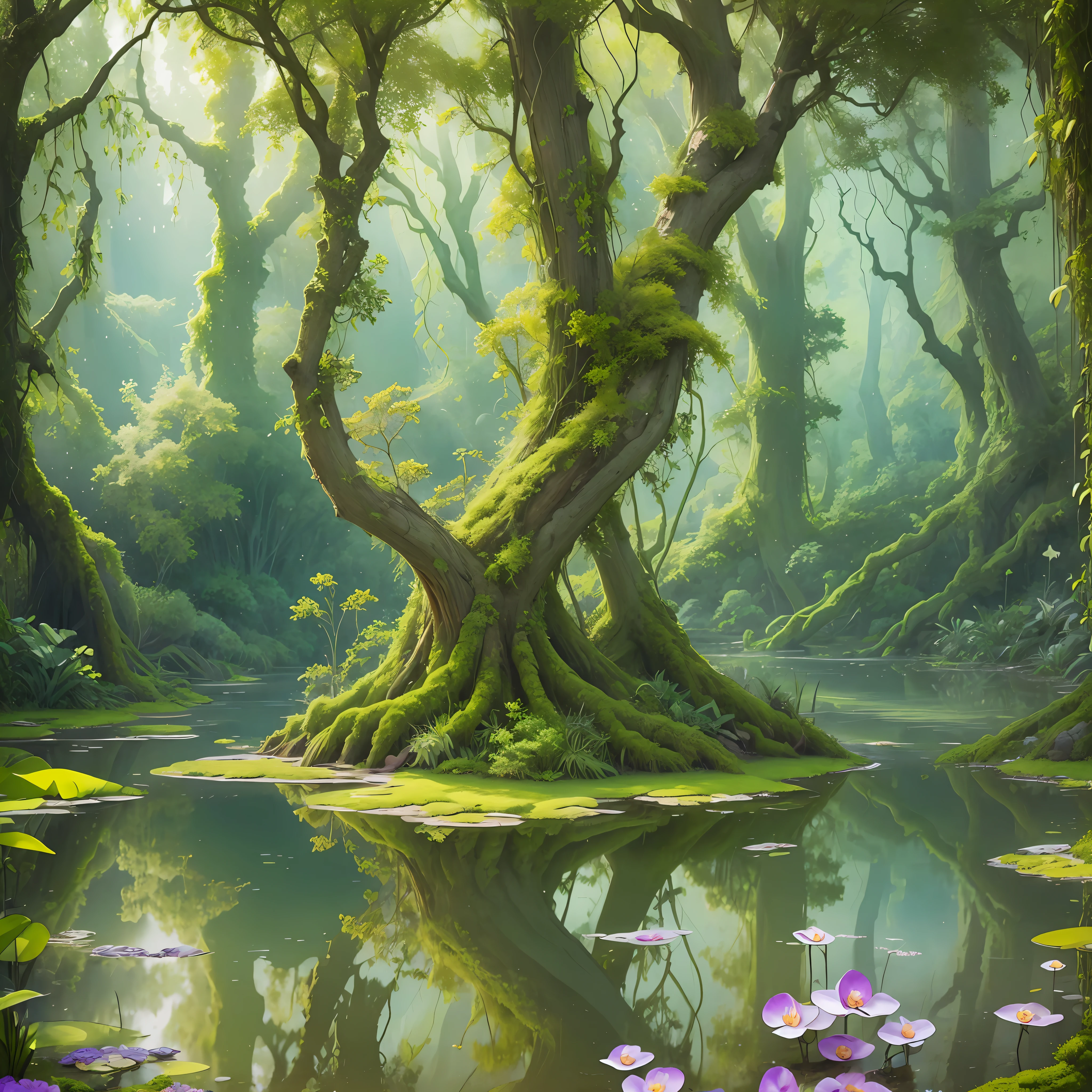 Computer Visualized Graphics, Watercolor Drawing, Realistic Fantasy, Extensive Landscape Ultrasound Photography (general view showing
water, reflection, roots braiding glass, orchid inside, tree, moss), blurred background, gloomy, yellow, green, purple background, pink, warm, magic --auto --s2