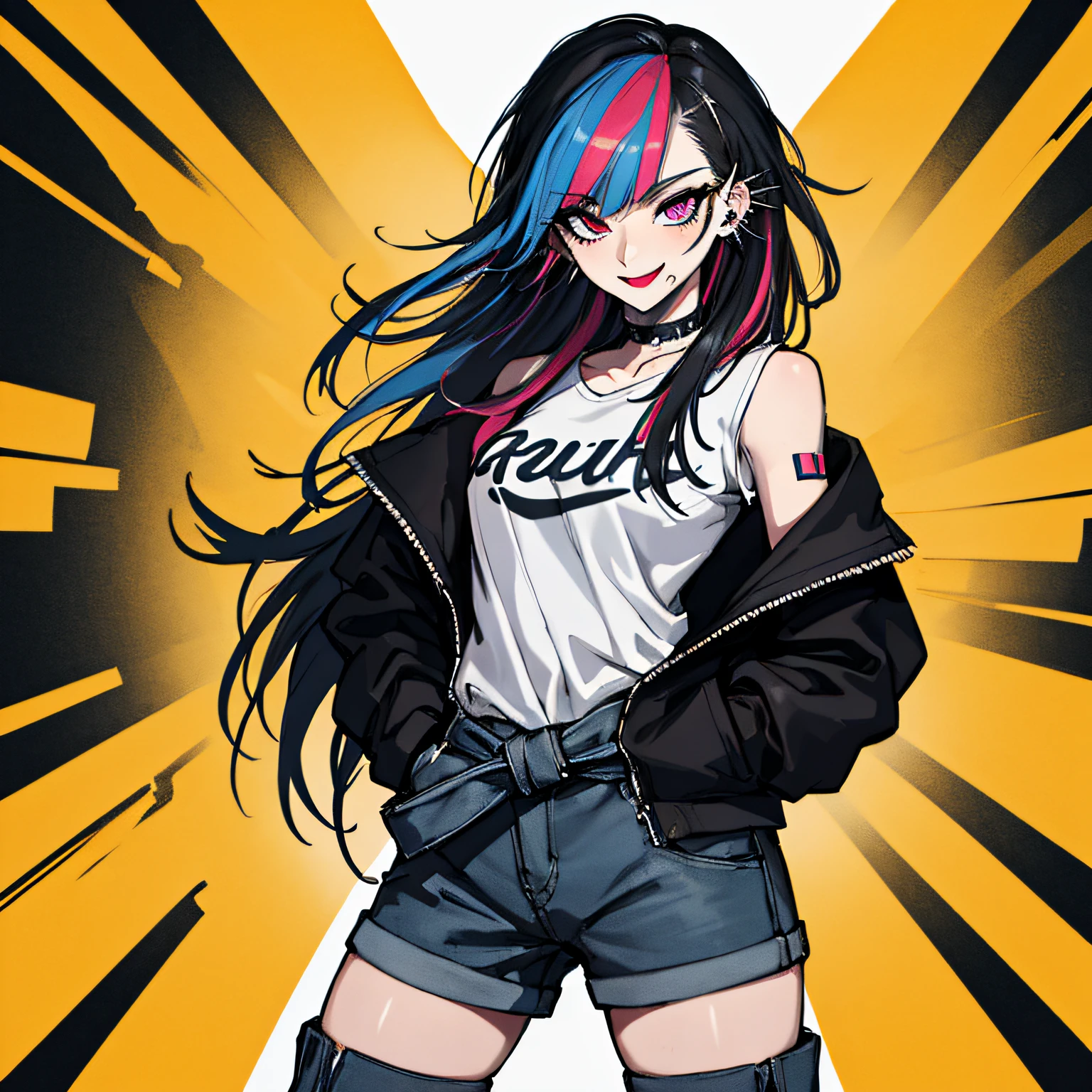(absurdres, 8k, 4k, masterpiece, hyper extreme detailed:1.2), solo, 1girl, front view, perfect face, 1girl, portrait, expressive eyes, solo, standing, Female, perfect hands, pale skin, friendly, excited, punk rock, Long Hair, Multicolored Hair, black choker, black lipstick, Piercings, Ear Piercings, Nose Piercings, large Bust, smile, half body, perfect anatomy, hands in pockets, anatomically correct, cowboy shot, no background, empty background, covered chest, white background, exposed shoulder, graphic t-shirt, white shirt, jacket tied to waist, jean shorts, boots, cleavage,
