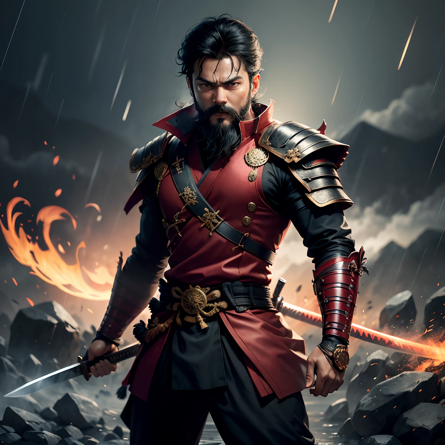 Actor Thalapathy Vijay as a samurai holding a katana in hand having beard and standing near a blasting and rainy Japanese background looking fiercely and rage in the eyes comic style art