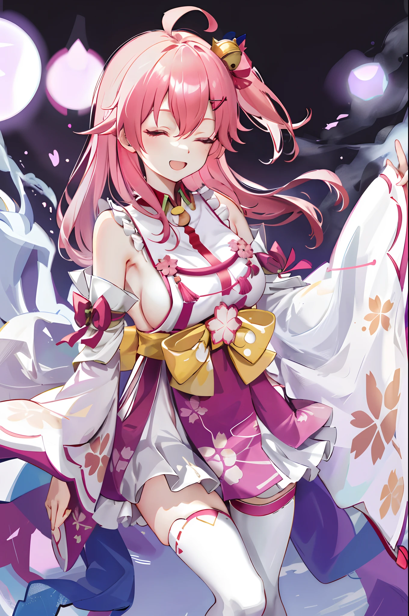 masterpiece, best quality, highres, miko1, sakura_miko, 1girl, , solo, ahoge, x_hair_ornament, pink_hair, floral print, hairclip,(side_less_clothes:1.3), (sideboobs:1.5), hair_bell, floral print, long_hair, hair between eyes, one side up, white thighhighs, asymmetrical legwear, wide sleeves, open_mouth,happy,close_eyes, smile,jumping,rising_leg,plump,apart_legs,(overly_long_sleeves:1.3),(beautiful_fingers),sleeves_past_wrists,hands_hidden_sleeves,sidelock_clothes,