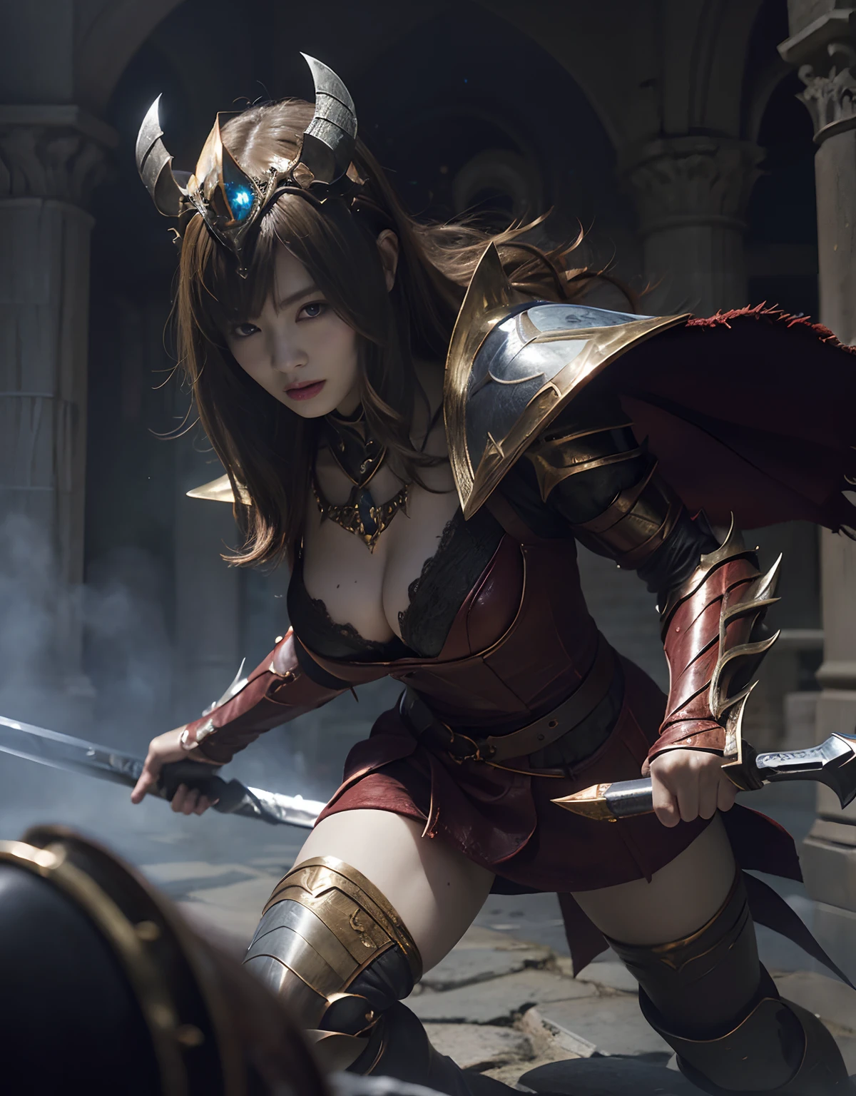 (One Knight Girl)、top-quality、masterpiece、超A high resolution、(Photorealsitic:1.4)、Raw photo、女の子1人、(Wear the Dark Knight's Armor)、glowy skin、(((Dark Fantasy)))、Fight with beautiful swords and shields、(((Mystical expression))),(Gorgeous gold metal body)、(Fight goblins、ogre、Fierce battle with orcs),(Fighting strong enemies)、Fight fiercely、(Background of decaying dungeon ruins)、(Ultimate Beauty)、(Detailed knight's helmet)、(Fighting Demonic Beasts)、(Wizard Hat)、((super realistic details))、portlate、(Strong giant demon beast background),globalillumination、Shadow、octan render、8K、ultrasharp、Colossal tits、Raw skin is exposed in cleavage、metals、Details of complex ornaments、Japan details、highly intricate detail、Realistic light、(Mystical expression),CGSoation Trends、Red Eyes、radiant eyes、Facing the camera)、Gundam、Small LED、Toostock、(Background of the mutation)、(Attack of the Monster Beasts)、Ultimate Beauty、beautiful female knight、Wear colorful armor、Detailed sword、(Wearing legendary armor)、