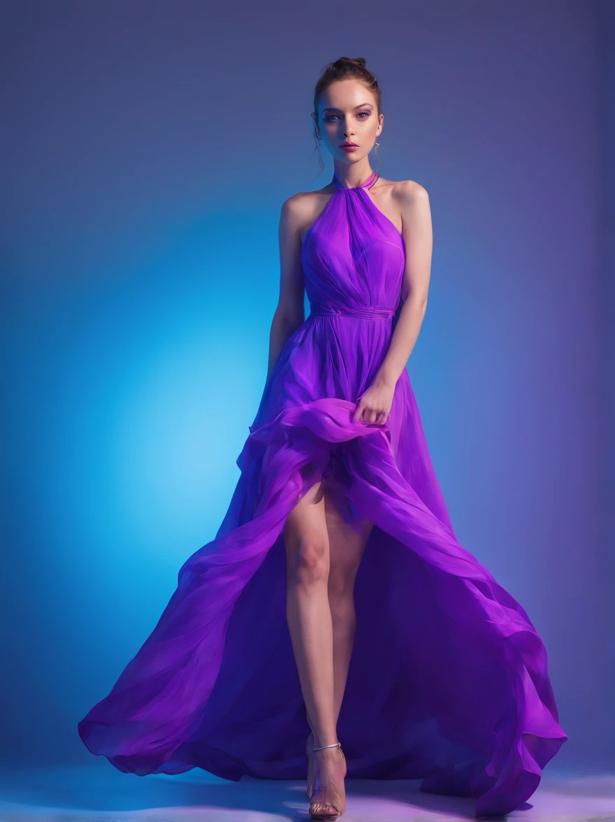 full body photographed from the front beautiful woman face in airy fluorescent purple dress, in night party, motion, blue, neon, movement, photo realistic