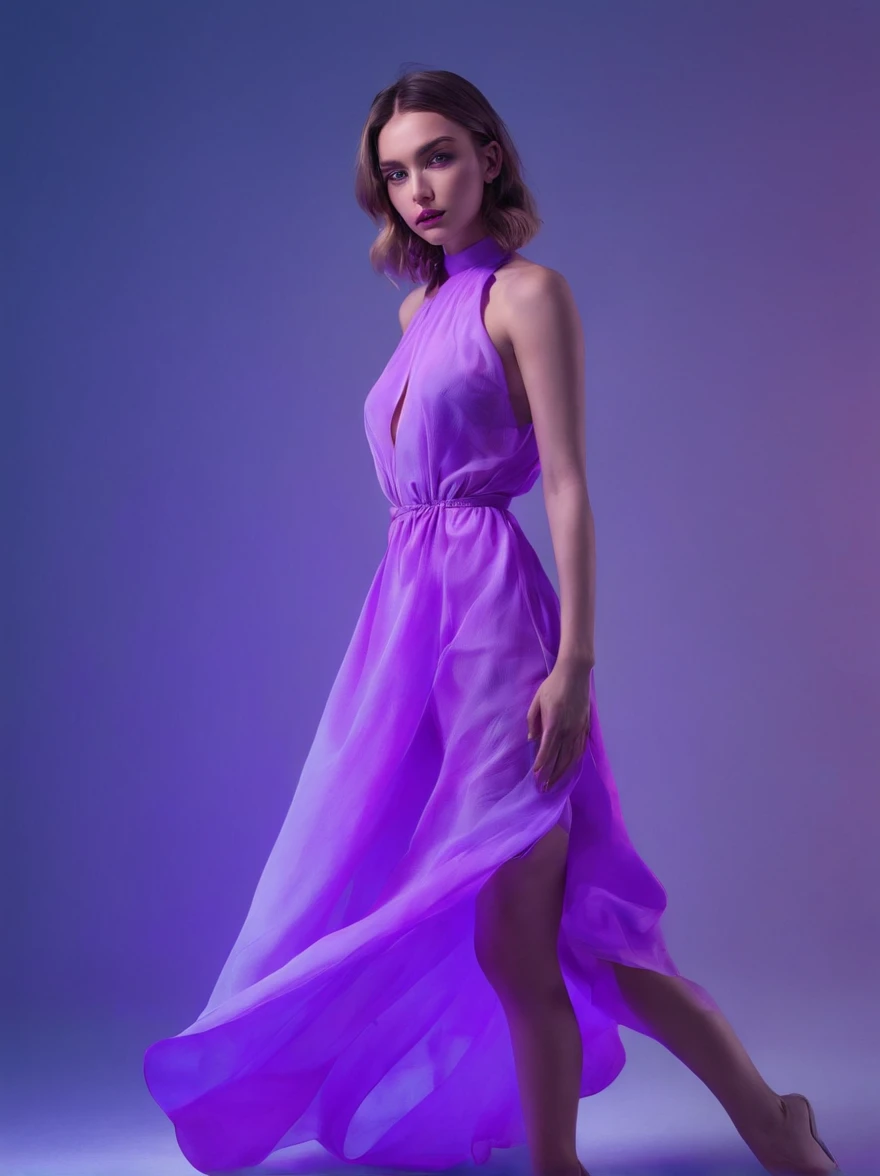 full body photographed from the front beautiful woman face in airy fluorescent purple dress, in night party, motion, blue, neon, movement, photo realistic