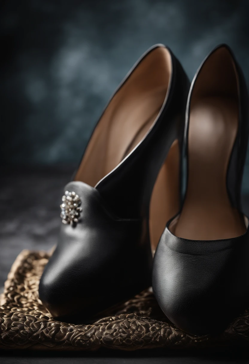 Design a captivating black product showcase background, leaving a blank space where I can later insert an image of the shoes. The background should radiate elegance and sophistication, enhancing the visual appeal of the shoes I'll place in the image. You have creative freedom to use lighting, textures, and composition to create a luxurious atmosphere that will make the shoes the central focus once added.