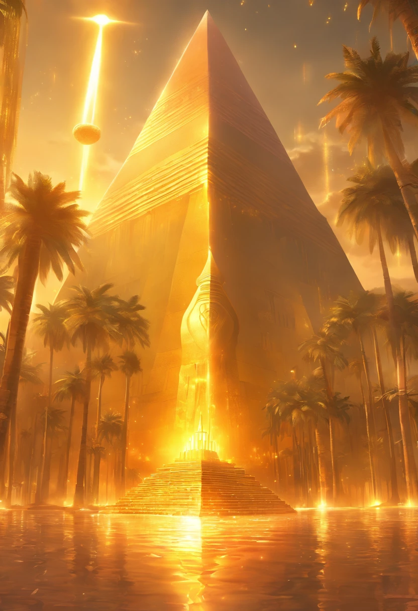 “A futuristic background of a golden glass pyramid with laser beams leads to a hyper-realistic Egyptian ancient city. The background hyper resolution is 4k and has an aspect ratio of 16:9. golden pyramid, masterpiece, anatomically correct, super details, high quality, best quality, 8k, 16k, high details, wonderful land of Egypt, in the light of the scarlet moon you can see temples in the desert, temple decorated with transparent golden fabrics with Anubis pattern. 3 palm trees sway slightly over a pool of water, 2 naked priestesses bathe in the pool.