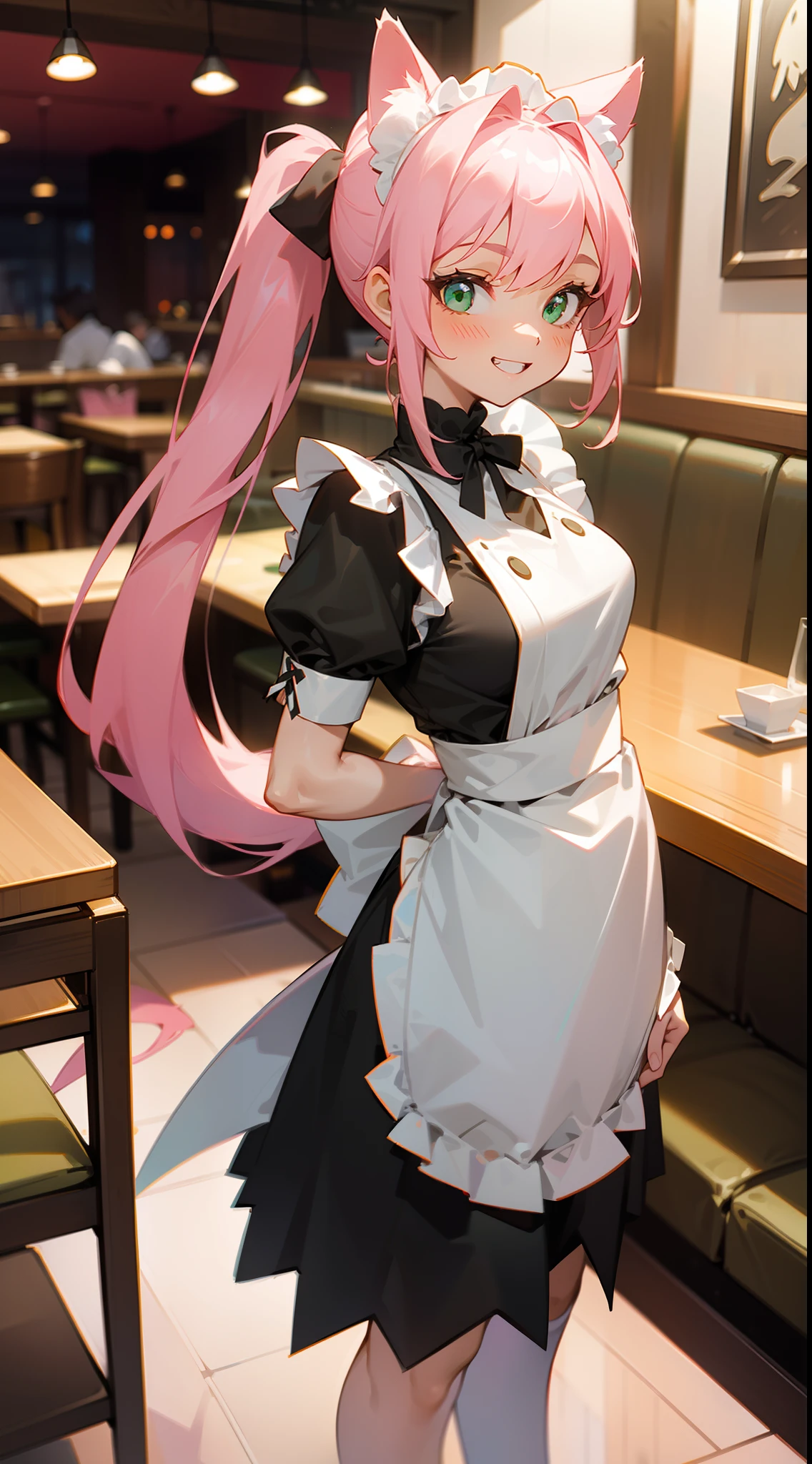 1girl,solo,happy face,teeth,white and black maid outfit,medium tits,pink cat ears,light pink hair,long ponytail hair,green eyes,(((standing in a restaurant))),