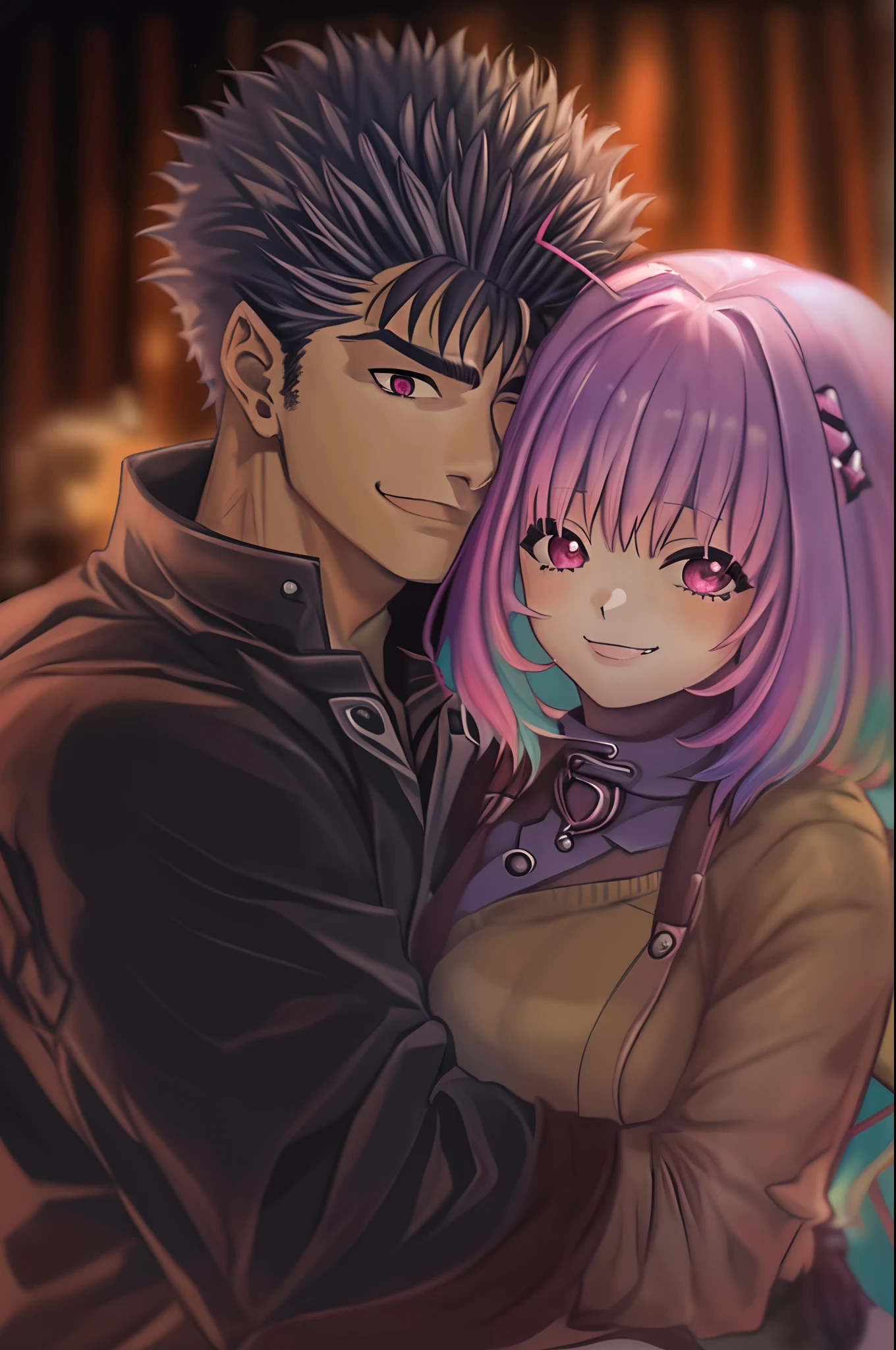 A detailed masterpiece depicting a heartwarming scene of Riamu and Guts, a lovely and deeply in love couple. In this artwork, Riamu and Guts are sitting closely, wrapped in a warm and tender embrace. Their love shines through their beautiful smiles and gentle kisses. The artwork is of the highest quality, with ultra-detailed features that capture every intricate detail of their expressions, from the sparkles in their eyes to the delicate lines on their faces. The portraits are incredibly realistic, almost like a photograph, with vivid colors that bring the scene to life. The artwork is bathed in warm tones, creating a cozy and intimate atmosphere. Soft lighting adds a touch of romance to the scene, illuminating the couple and enhancing the emotional connection between them.