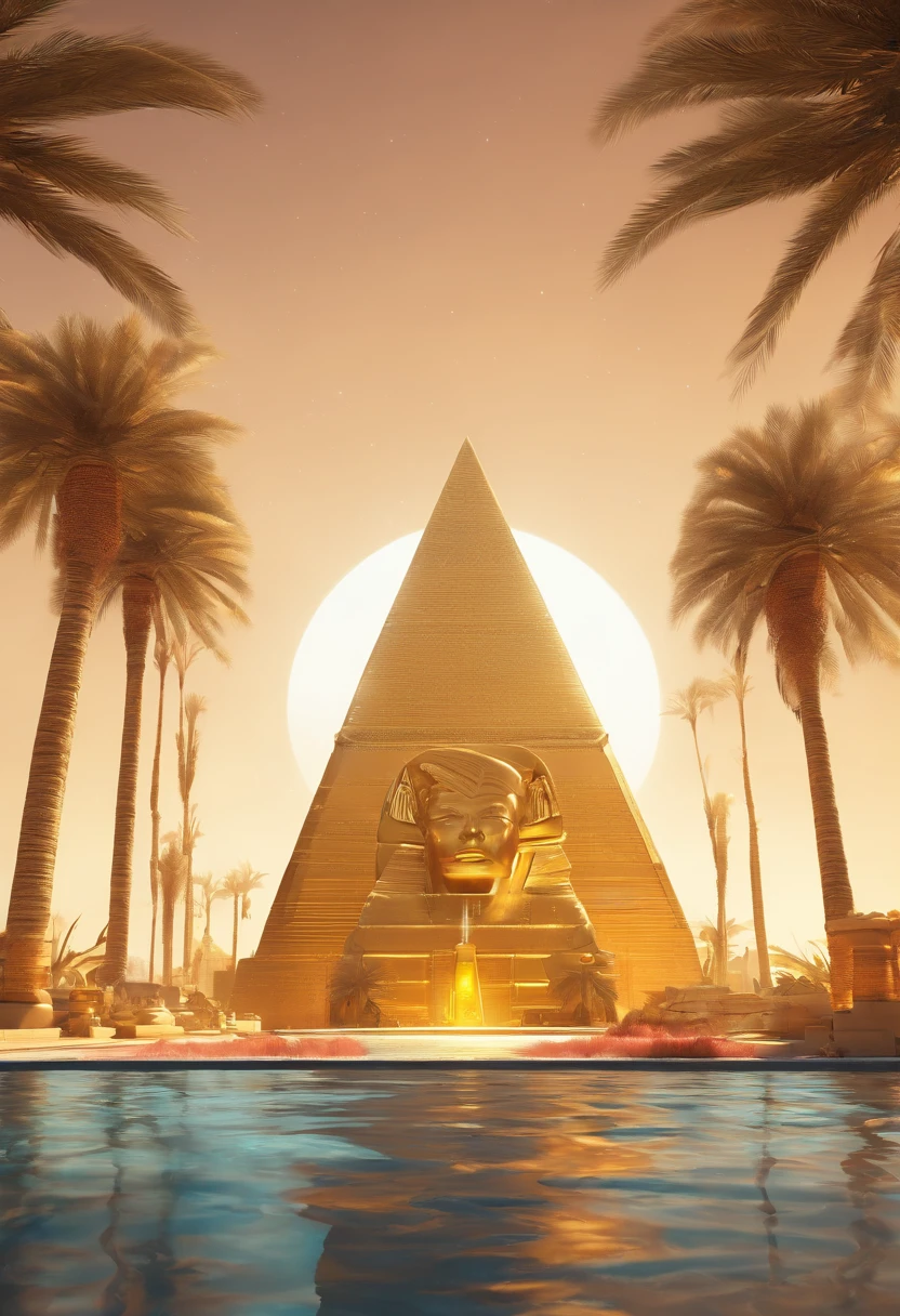 “A futuristic background of a golden glass pyramid with laser beams leads to a hyper-realistic Egyptian ancient city. The background hyper resolution is 4k and has an aspect ratio of 16:9. golden pyramid, masterpiece, anatomically correct, super details, high quality, best quality, 8k, 16k, high details, wonderful land of Egypt, in the light of the scarlet moon you can see temples in the desert, temple decorated with transparent golden fabrics with Anubis pattern. 3 palm trees sway slightly over a pool of water, 2 naked priestesses bathe in the pool.