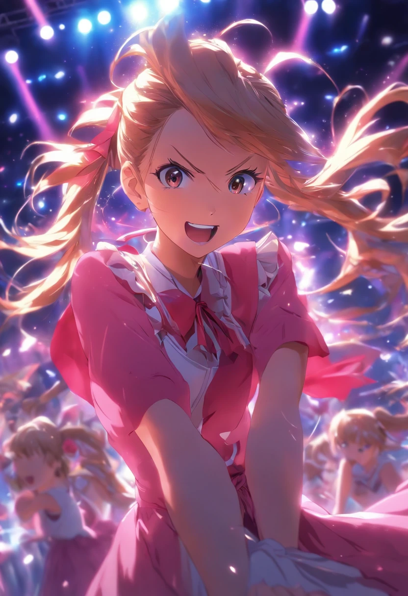 schoolgirls,Bundled ponytail,Pink dress,,singing on stage, Stage lighting, Glare.
