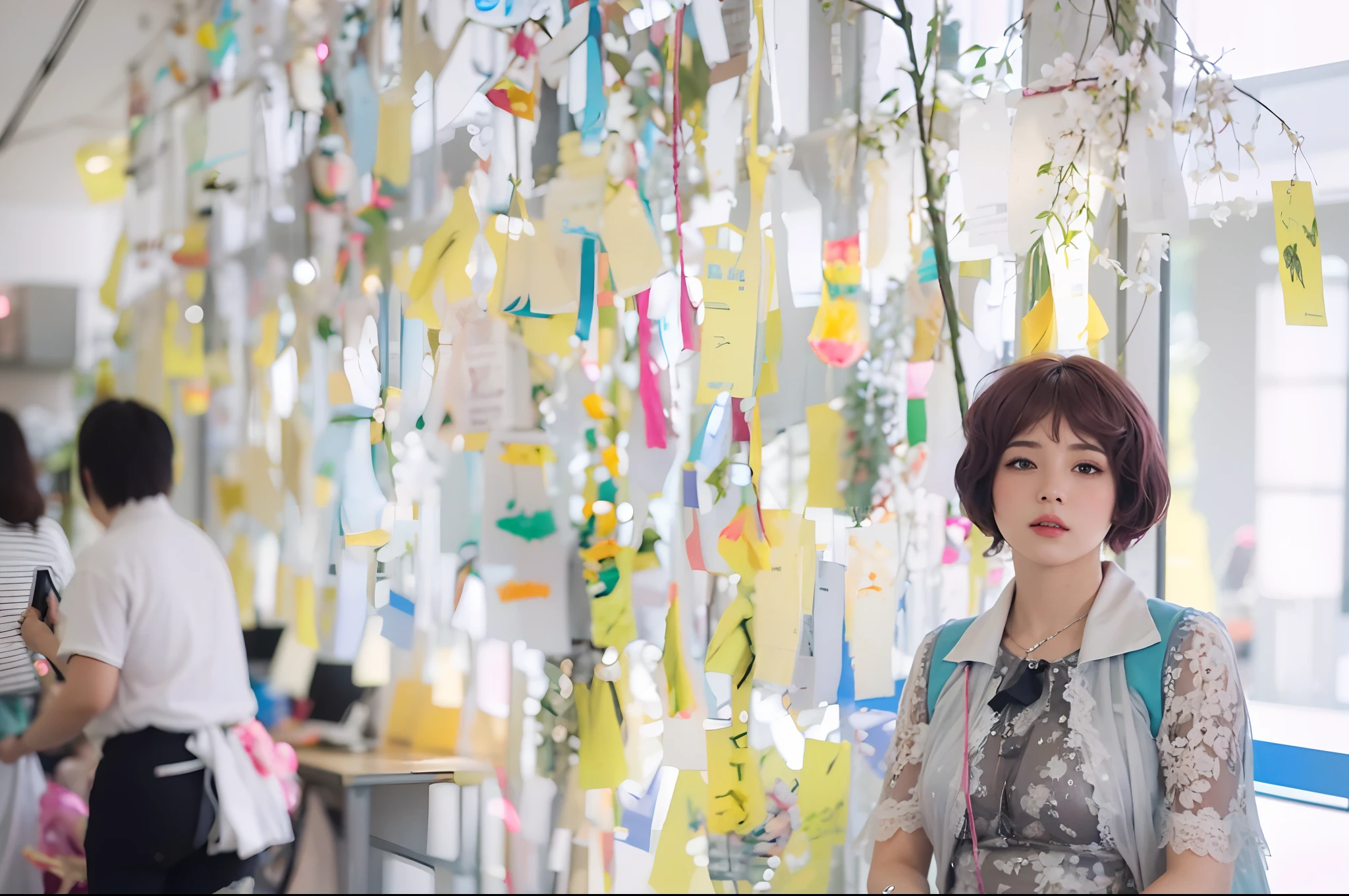 high quality,masterpiece,extremely detailed,high res,4k,ultra high res,detailed shadow,ultra realistic,realistic,dramatic lighting,1girl,solo,detailed face,realistic eyes,realistic skin,pink hair,dynamic pose, dynamic angle, white flowery dress, short hair cut,white background
