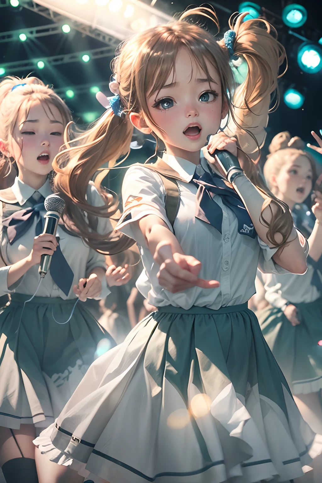 schoolgirls,Bundled ponytail,White dress,,singing on stage, Stage lighting, Glare.