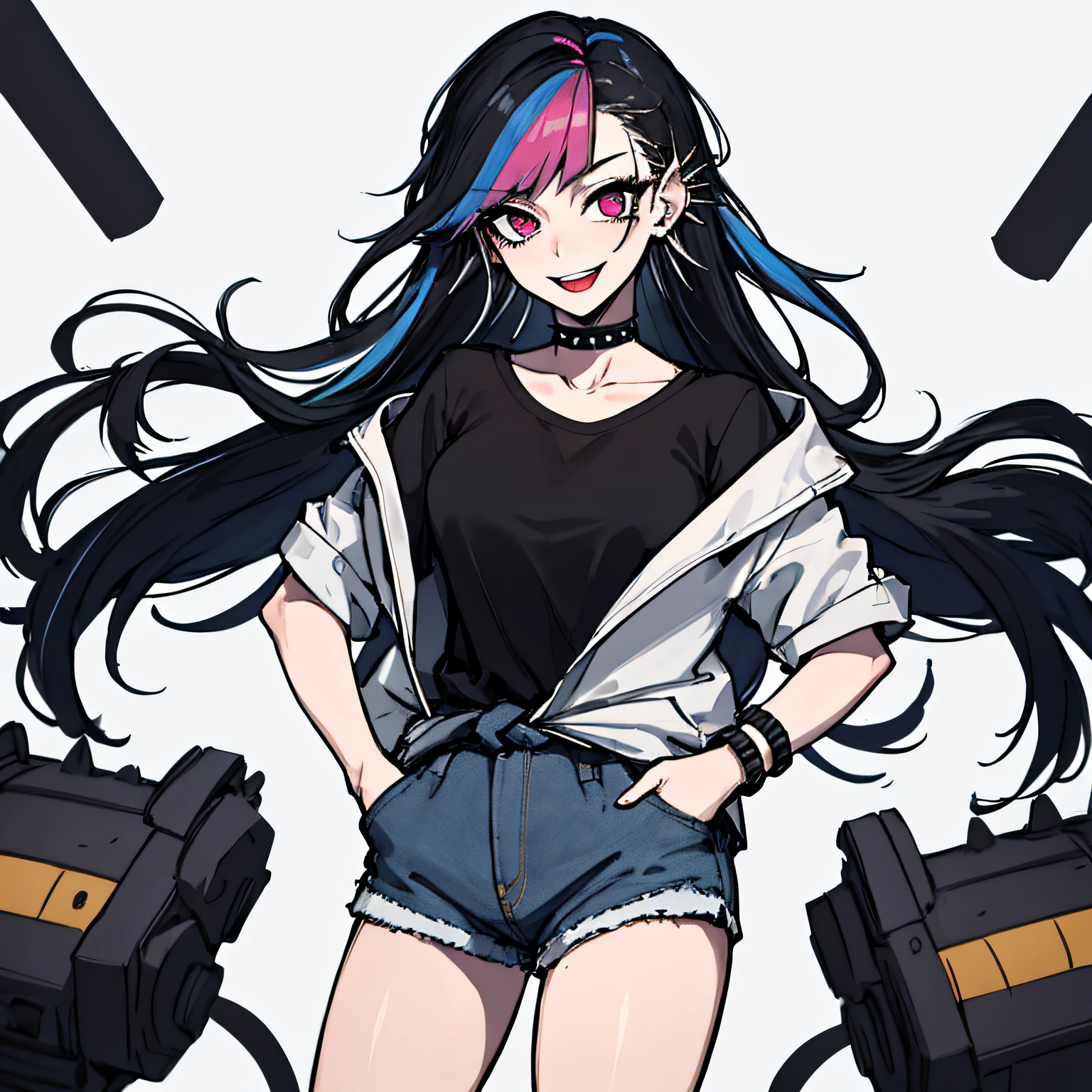 (absurdres, 8k, 4k, masterpiece, hyper extreme detailed:1.2), solo, 1girl, front view, perfect face, 1girl, portrait, expressive eyes, solo, standing, Female, perfect hands, pale skin, friendly, excited, punk rock, Long Hair, Multicolored Hair, black choker, black lipstick, Piercings, Ear Piercings, Nose Piercings, large Bust, smile, half body, perfect anatomy, hands in pockets, anatomically correct, cowboy shot, no background, empty background, covered chest, white background, exposed shoulder, graphic t-shirt, white shirt, jacket tied to waist, jean shorts, boots